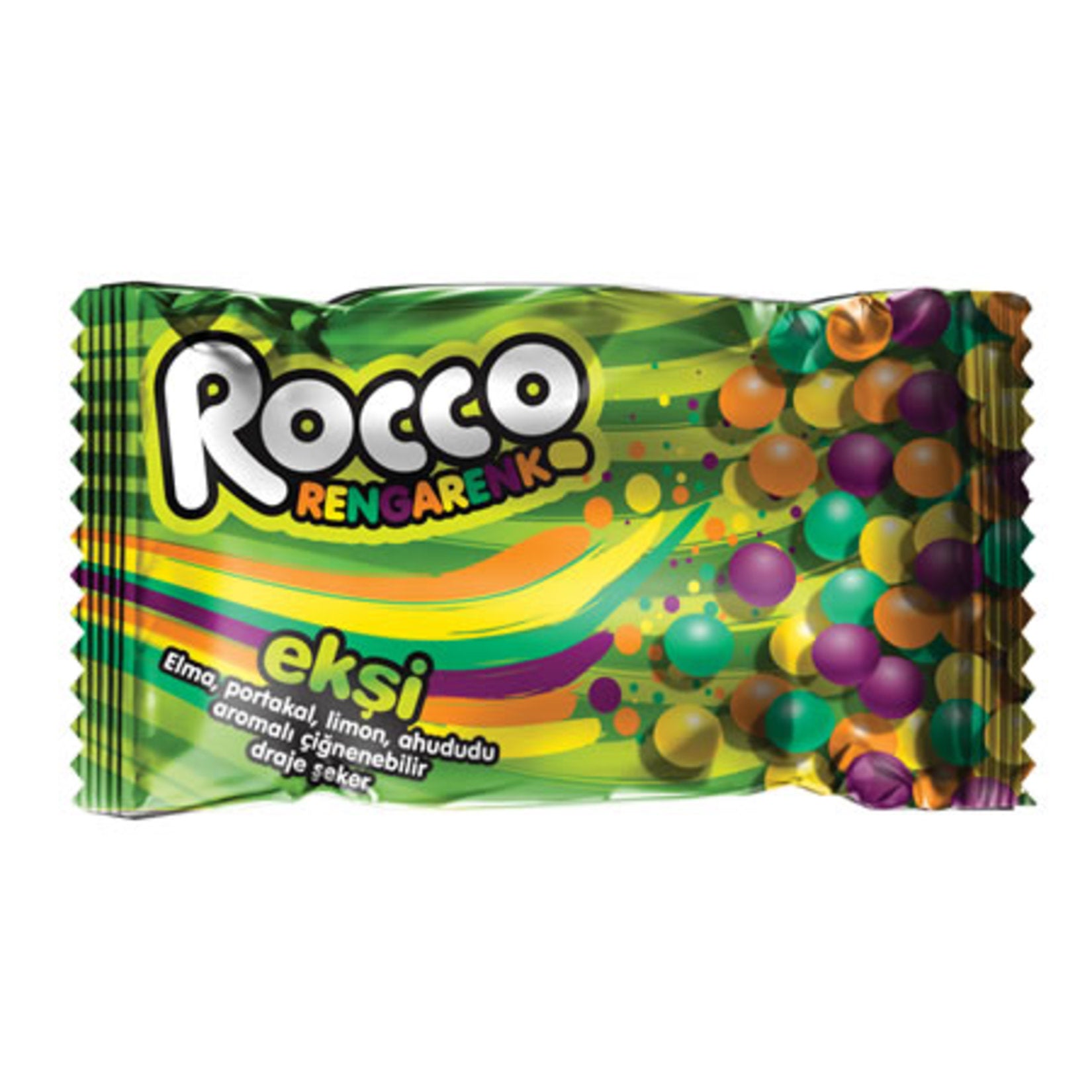 Bring a burst of sour and fruity fun to your day with Rocco Rengarenk Eksi Candy Coated Sour Dragees.