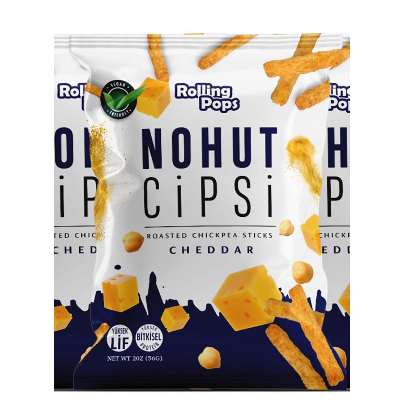 Rolling Pops Cheddar Chickpea Chips bring a bold, cheesy crunch to your snack time. Made with 55% ch