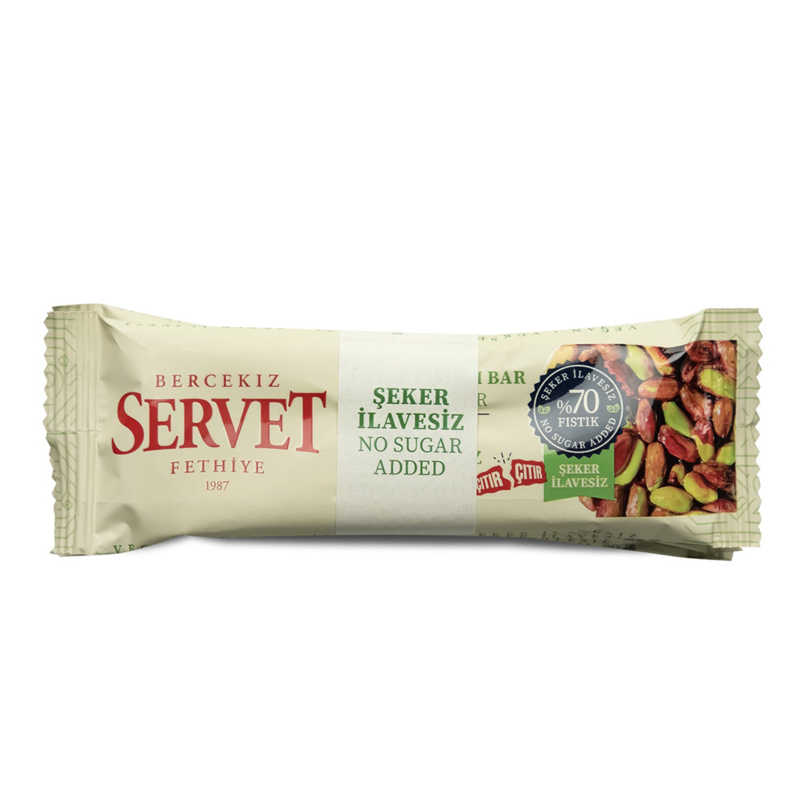 Servet Pistachio Brittle Bar is a simple yet powerful snack made with 70% Antep pistachios, blended with date juice concentrate and freshly squeezed lemon juice.