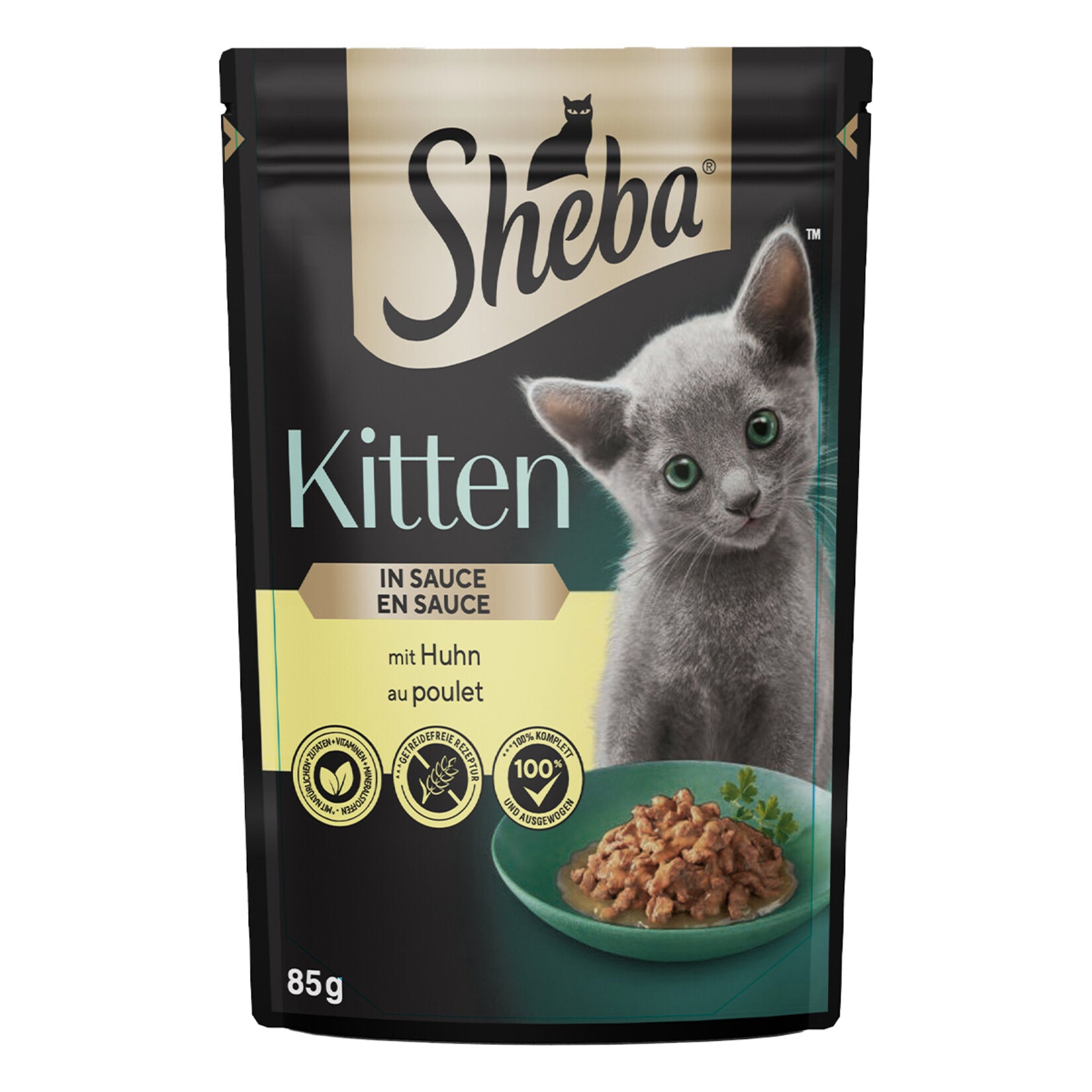 Sheba Chicken Wet Pouch Kitten Food 85 g is specially prepared for growing kittens who need balanced, complete daily nutrition.