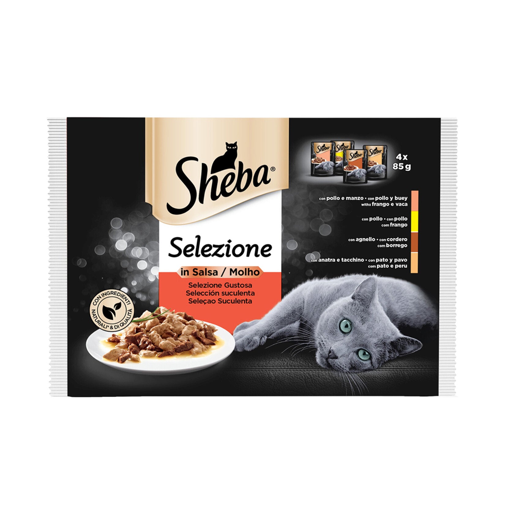 Sheba Meat Varieties Wet Cat Food 4x85 g Pack offers a convenient selection of flavorful wet meals designed for adult cats.