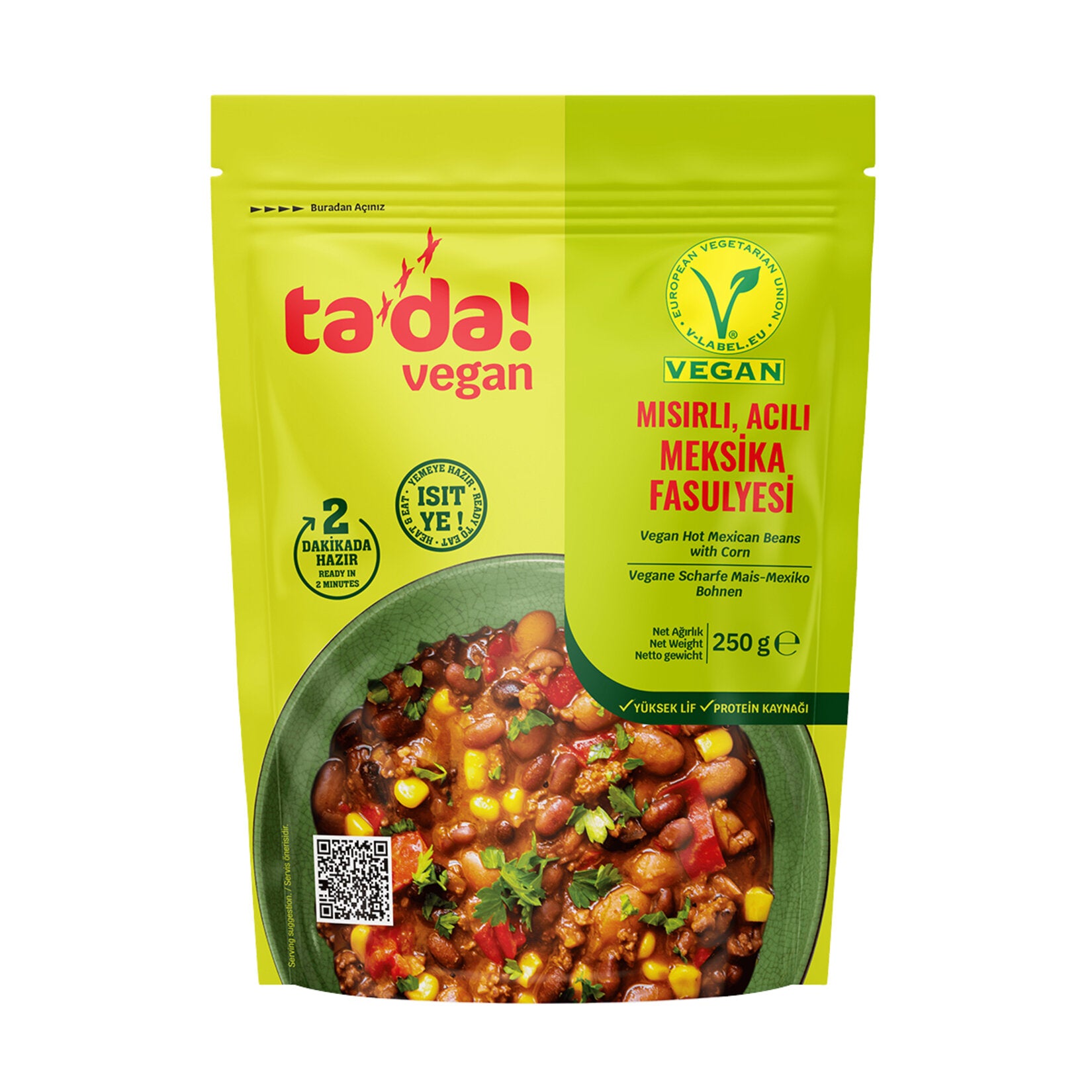 Tada Vegan Misirli Acili Meksika Fasulyesi brings together red Mexican beans, sweet corn, and spicy jalapeno peppers in a rich tomato-based sauce.