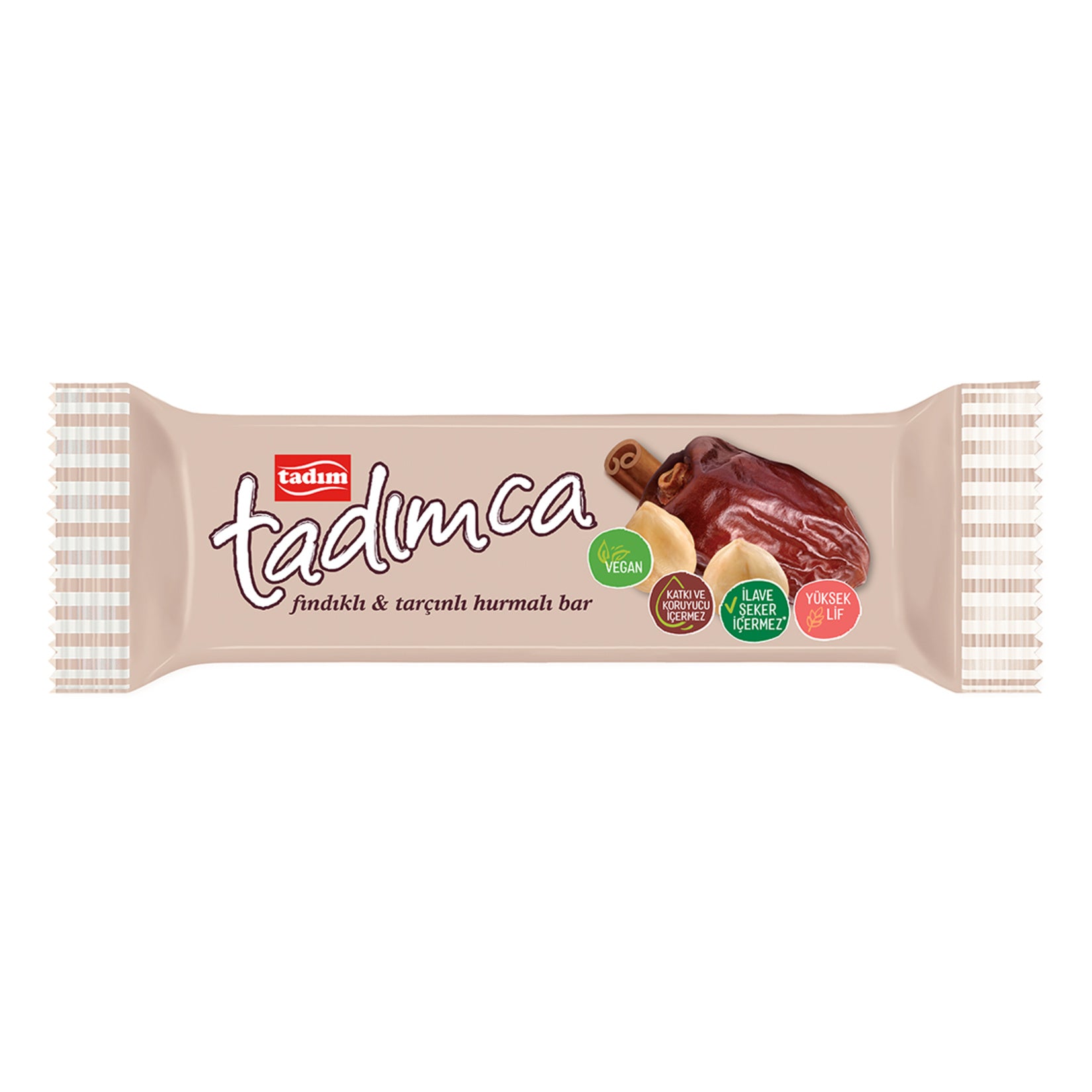 Discover the naturally sweet and satisfying Tadim Hazelnut & Cinnamon Date Bar, a wholesome snack crafted with 54% date filling, 38% roasted hazelnuts, yellow roasted chickpeas, cinnamon, and a touch of salt.