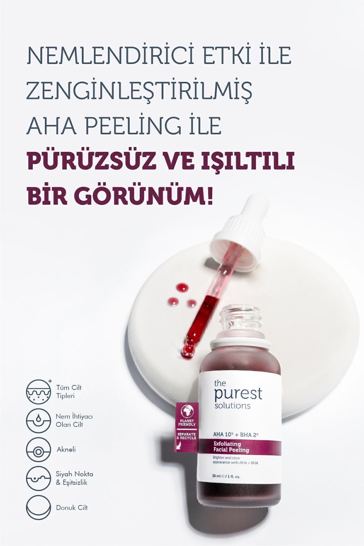 The Purest Solutions AHA & BHA Revitalizing Red Peeling Serum is a targeted exfoliating treatment formulated with 10% AHA (Alpha Hydroxy Acids) and 2% BHA (Beta Hydroxy Acid) to help refresh the look of dull skin and promote a more even-looking tone.