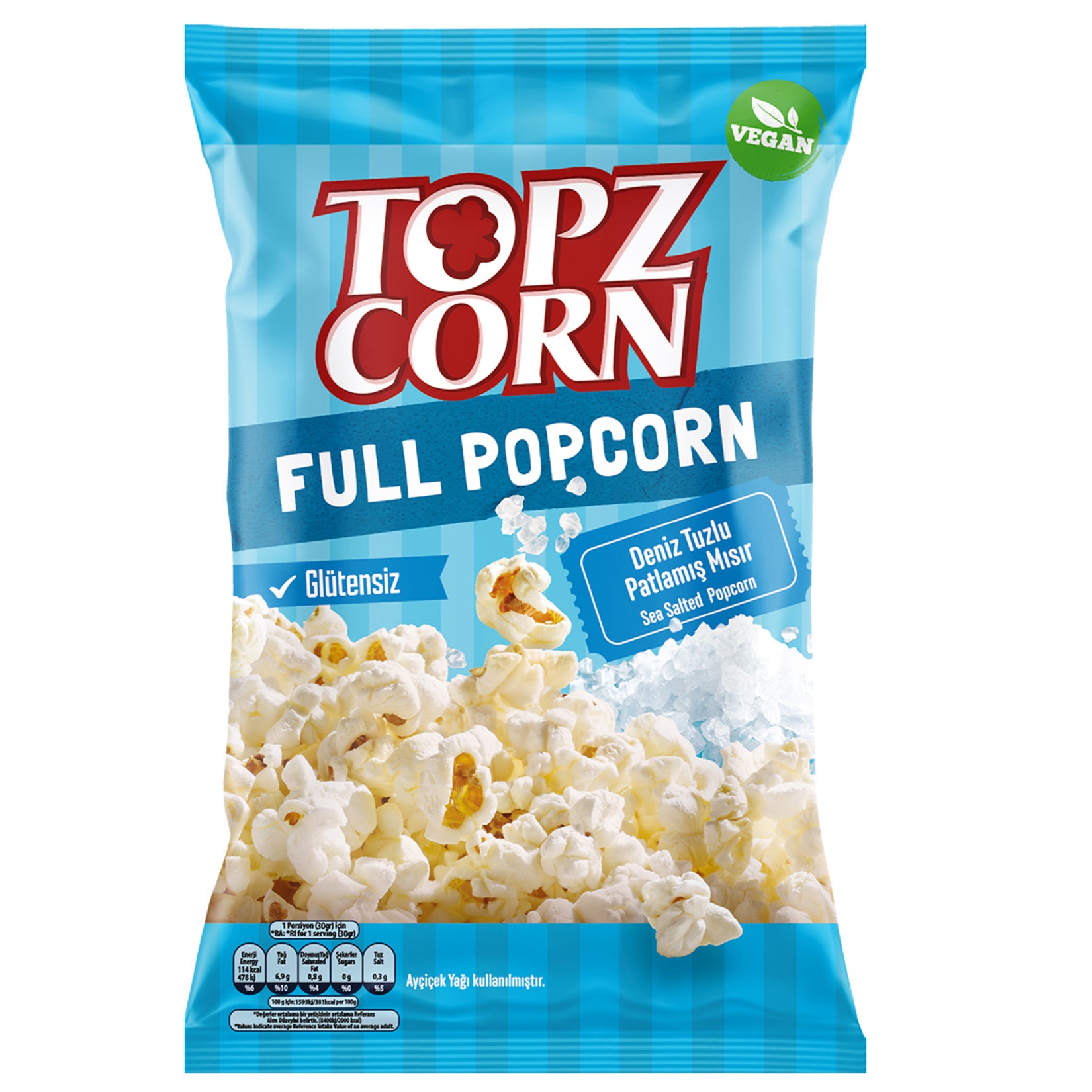Topzcorn Glutensiz Full Sea Salted Popcorn is a light, crispy snack made from quality corn and seasoned with real sea salt.