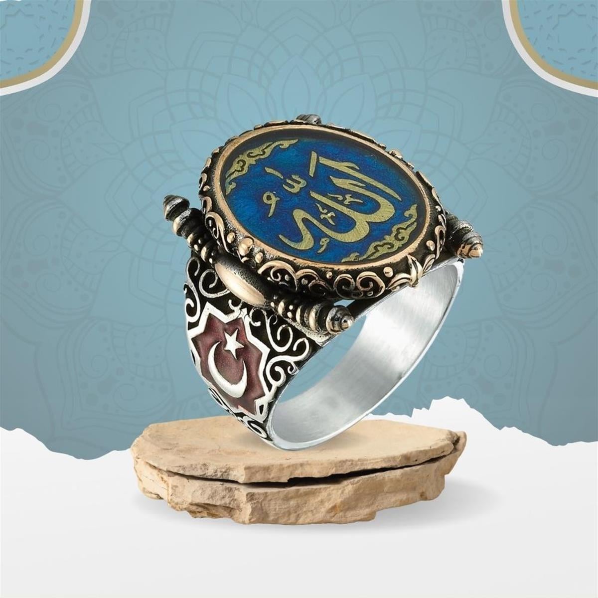 Crafted with meaning and heritage, this Turkish Sterling Silver Mens Ring with Allah and Crescent Star features a striking blue enamel background adorned with the sacred Allah inscription, framed by the iconic crescent and star motif.