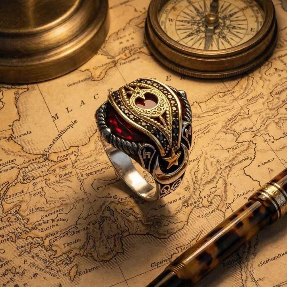 Make a bold statement with this Turkish Sterling Silver Mens Ring with Red Zircon, designed around the powerful crescent and star motif.