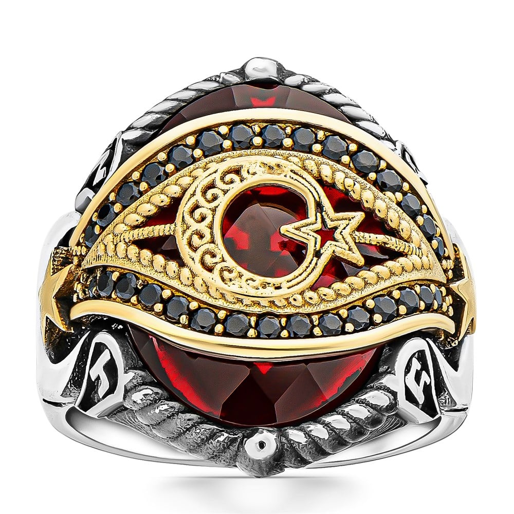 Make a bold statement with this Turkish Sterling Silver Mens Ring with Red Zircon, designed around the powerful crescent and star motif.