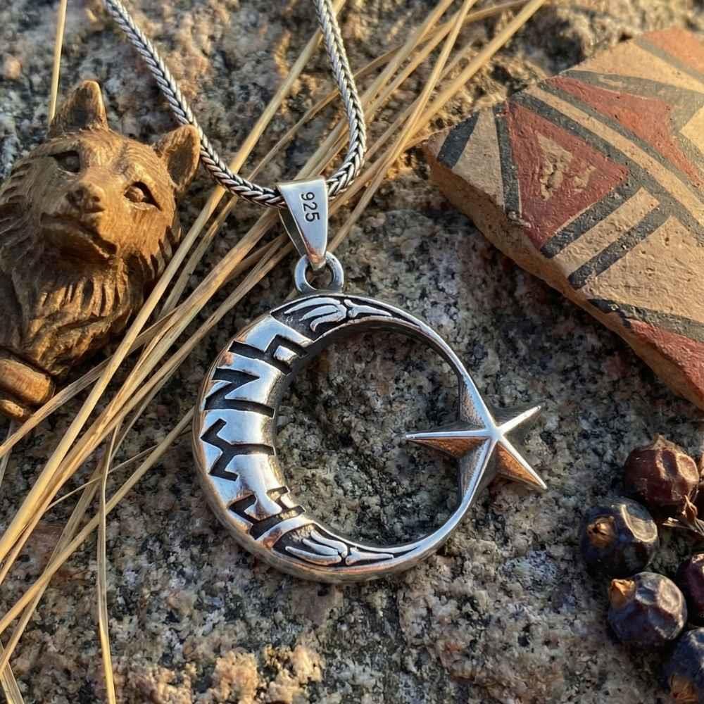Celebrate heritage and symbolism with this Turkish Sterling Silver Moon Star Necklace with Gokturk Script.