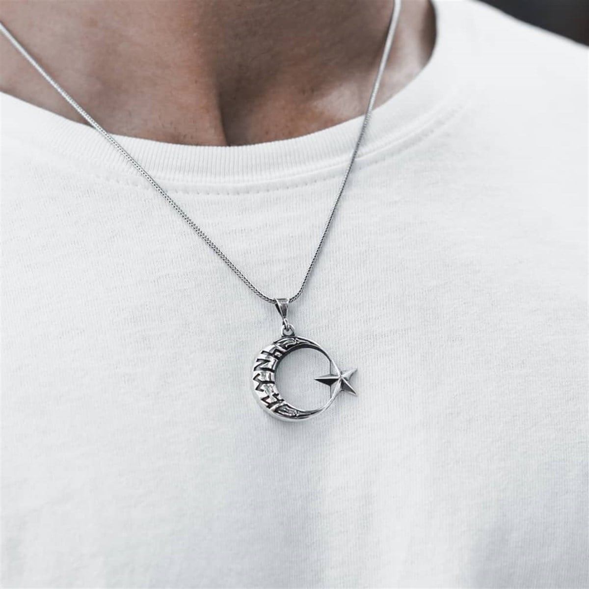 Celebrate heritage and symbolism with this Turkish Sterling Silver Moon Star Necklace with Gokturk Script.