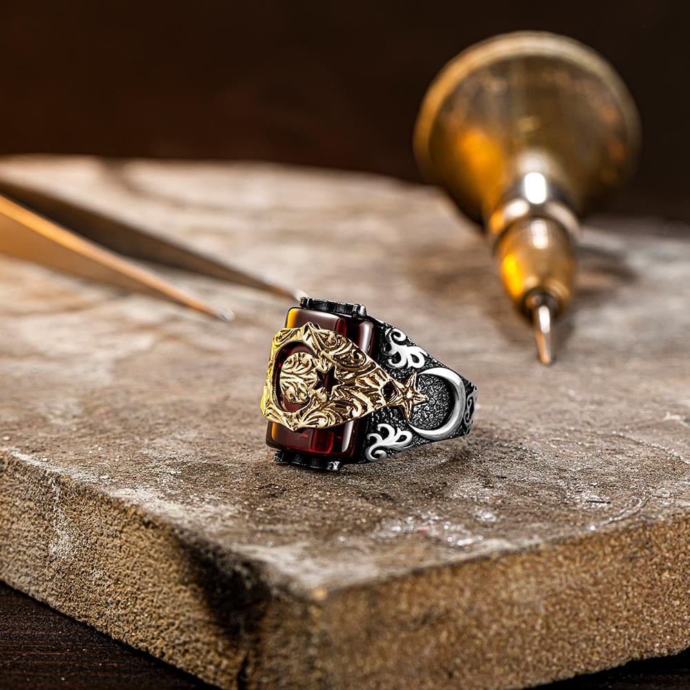 Carry a symbol of heritage and strength with this Turkish Sterling Silver Ring with Crescent Star.