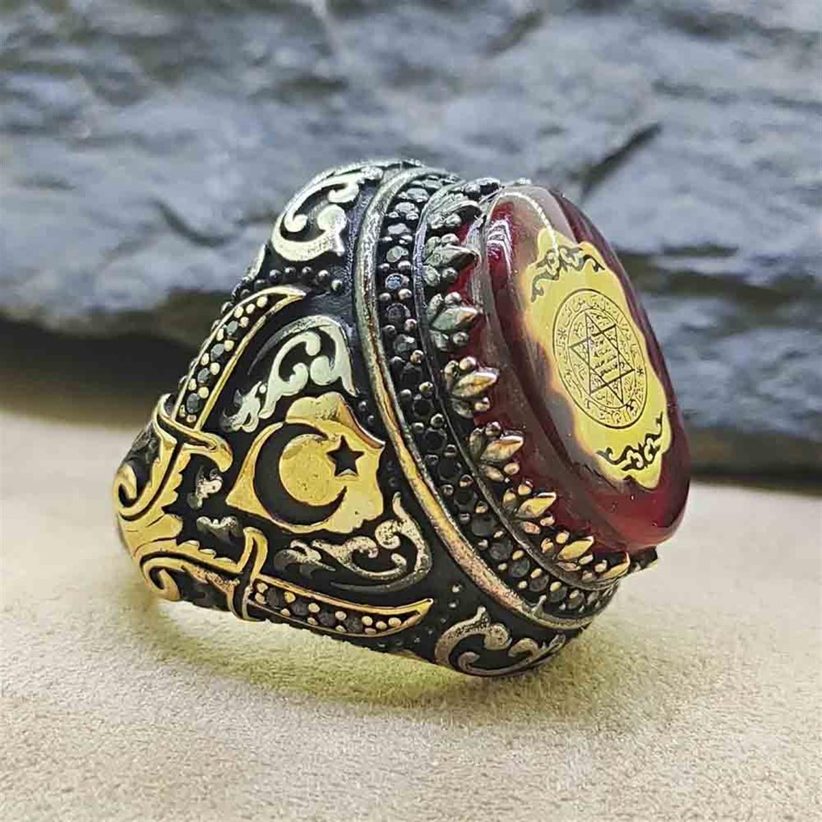Turkish Sterling Silver Ring with Red Amber and Seal of Solomon is a bold statement piece inspired by traditional Ottoman design.