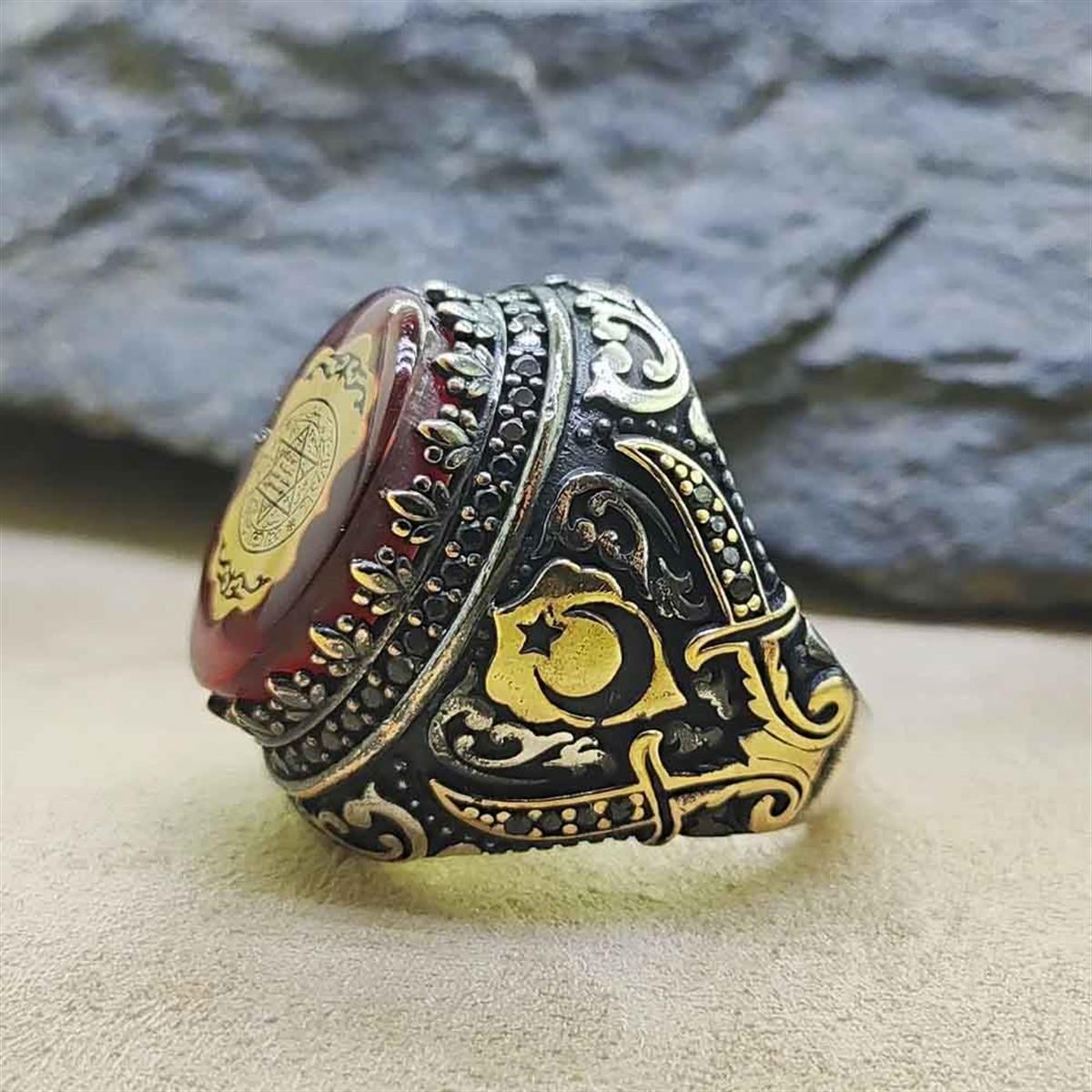 Turkish Sterling Silver Ring with Red Amber and Seal of Solomon is a bold statement piece inspired by traditional Ottoman design.
