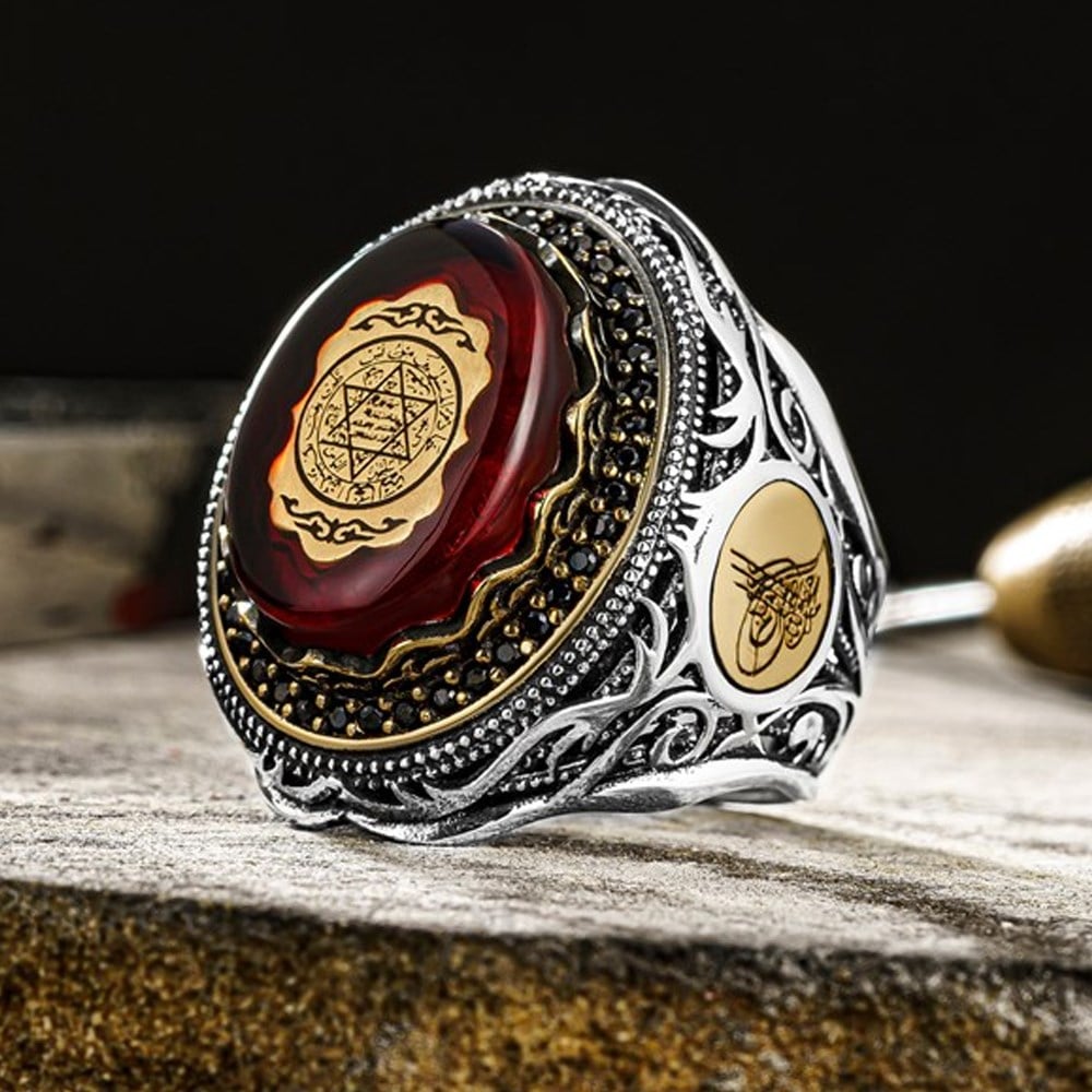 Turkish Sterling Silver Ring with Red Amber featuring the revered Seal of Solomon (Muhur of Suleiman) is a bold statement of heritage, symbolism, and craftsmanship.