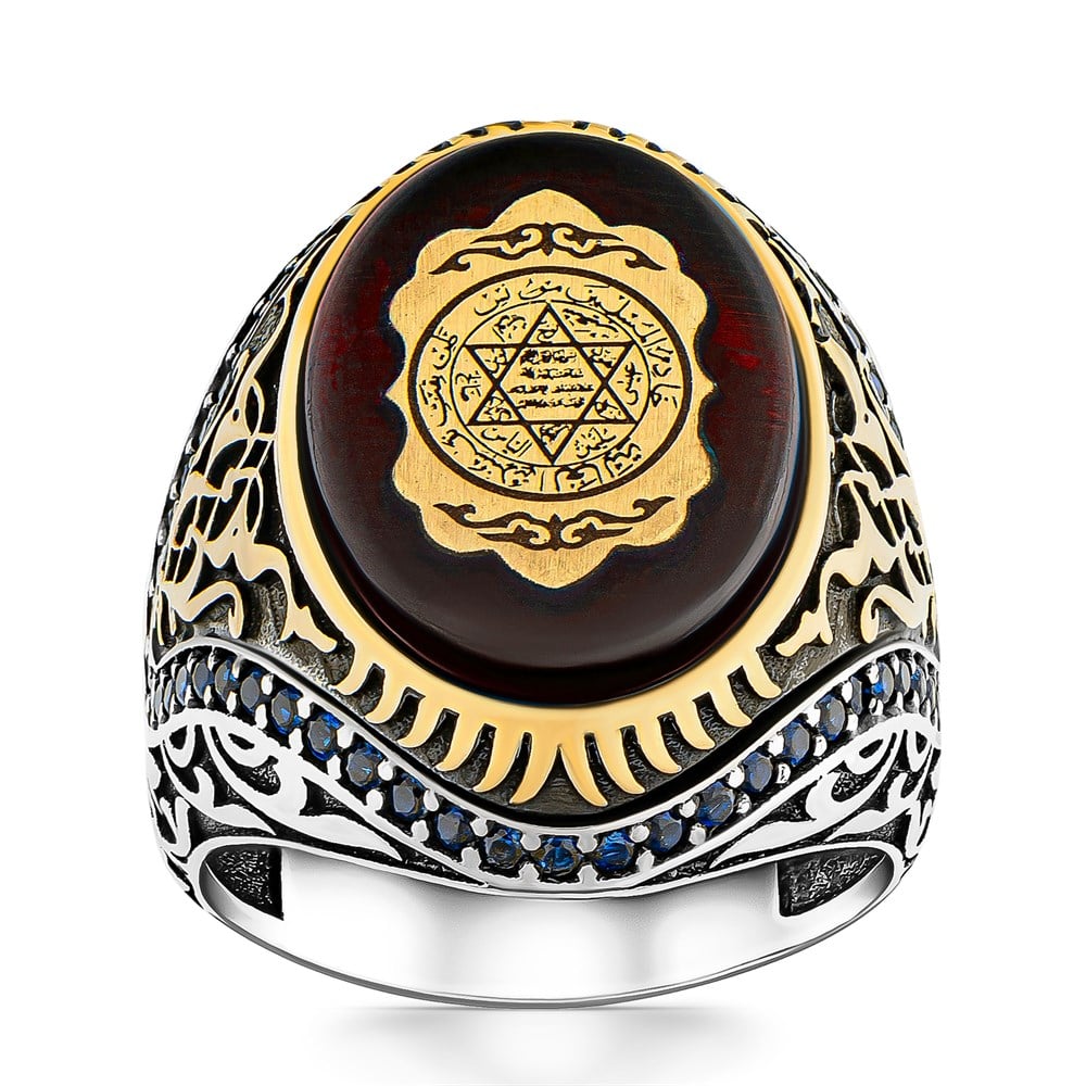 Turkish Sterling Silver Ring with Red Amber featuring the historic Seal of Solomon motif is a bold statement piece rooted in centuries of Anatolian and Ottoman symbolism.