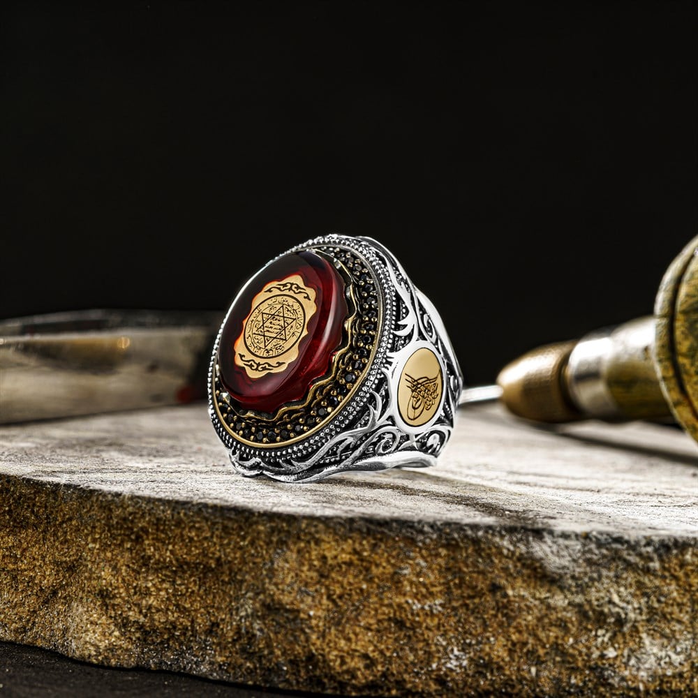 Turkish Sterling Silver Ring with Red Amber featuring the revered Seal of Solomon (Muhur of Suleiman) is a bold statement of heritage, symbolism, and craftsmanship.