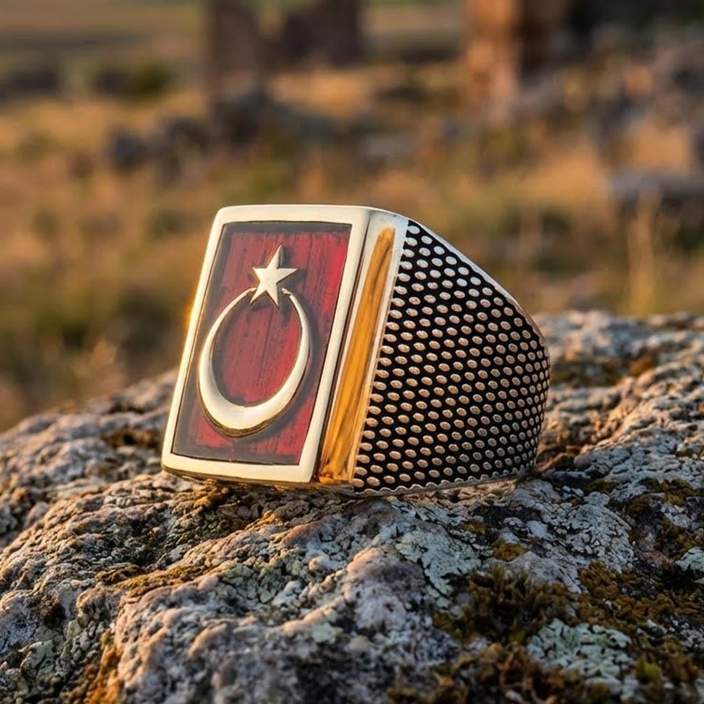 Crafted with precision from 925 Sterling Silver, this bold Turkish Sterling Silver Ring carries the powerful symbolism of the red Crescent and Star.