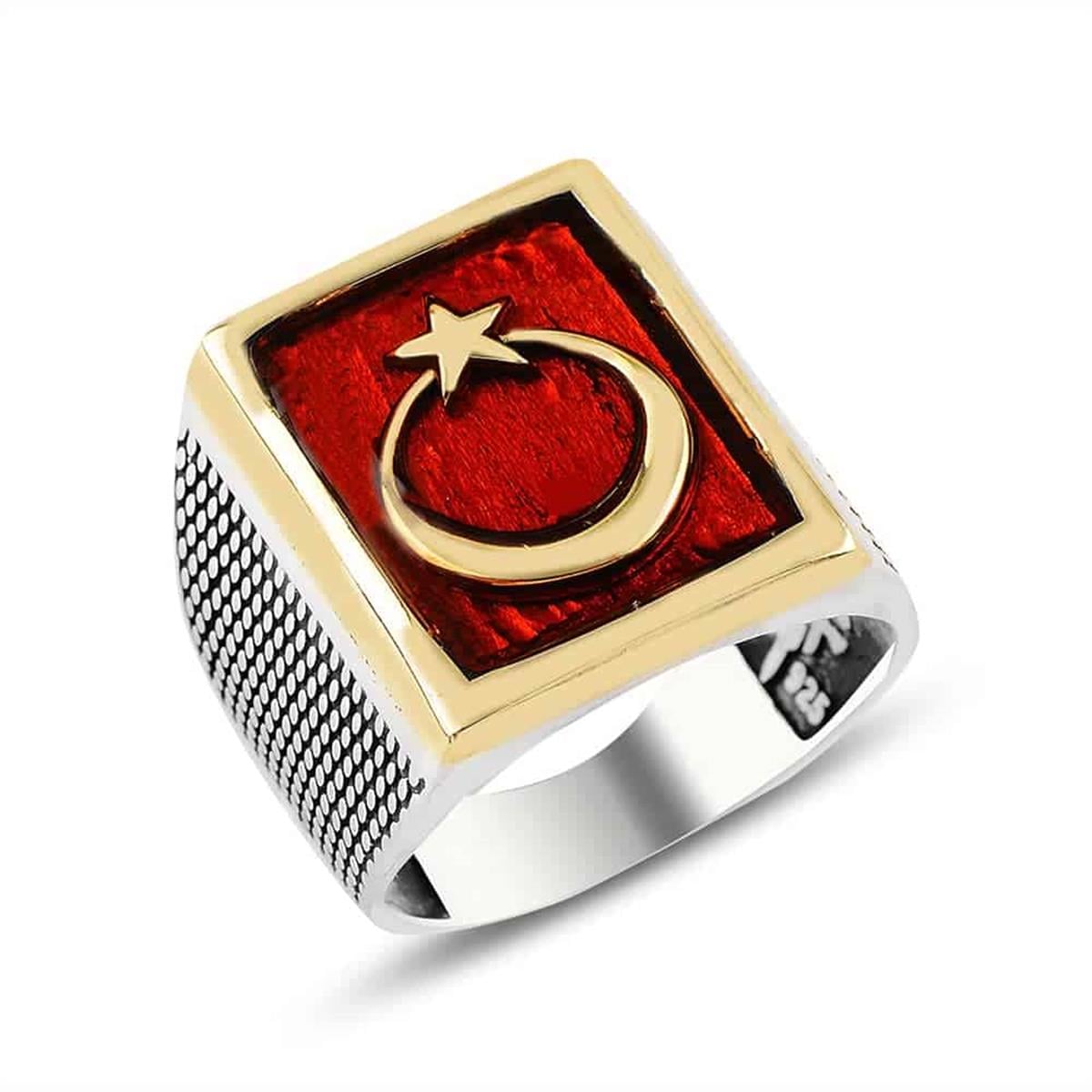 Crafted with precision from 925 Sterling Silver, this bold Turkish Sterling Silver Ring carries the powerful symbolism of the red Crescent and Star.