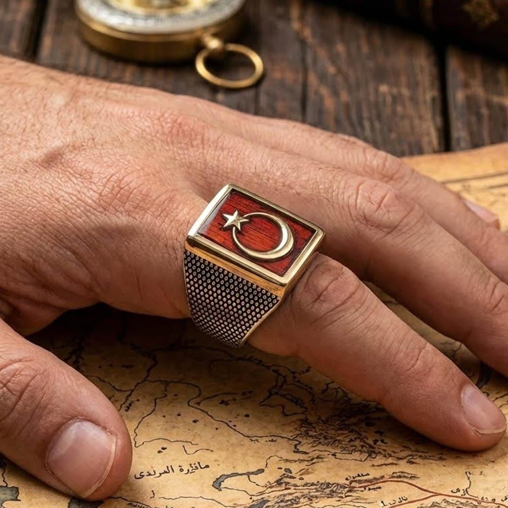 Crafted with precision from 925 Sterling Silver, this bold Turkish Sterling Silver Ring carries the powerful symbolism of the red Crescent and Star.