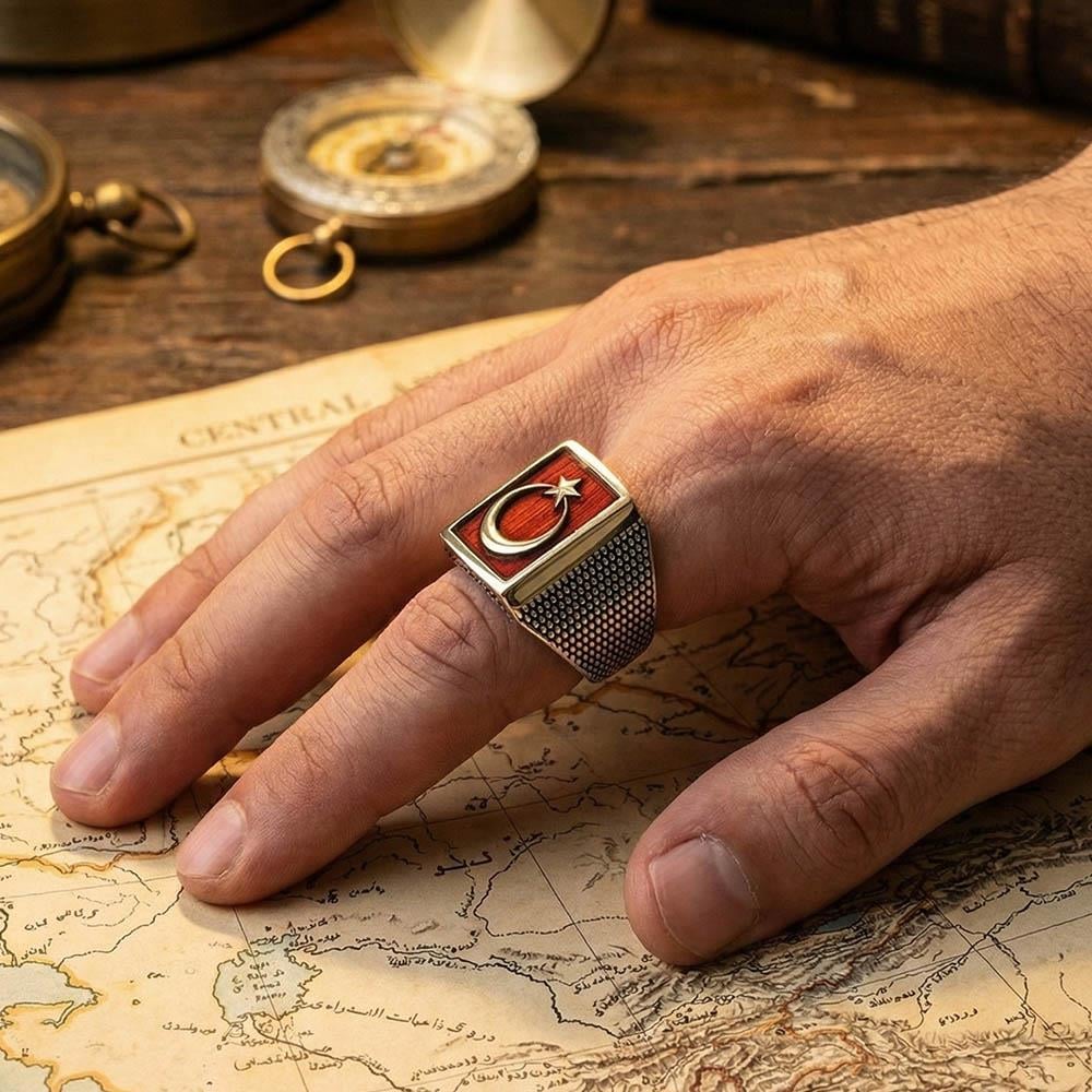 Crafted with precision from 925 Sterling Silver, this bold Turkish Sterling Silver Ring carries the powerful symbolism of the red Crescent and Star.