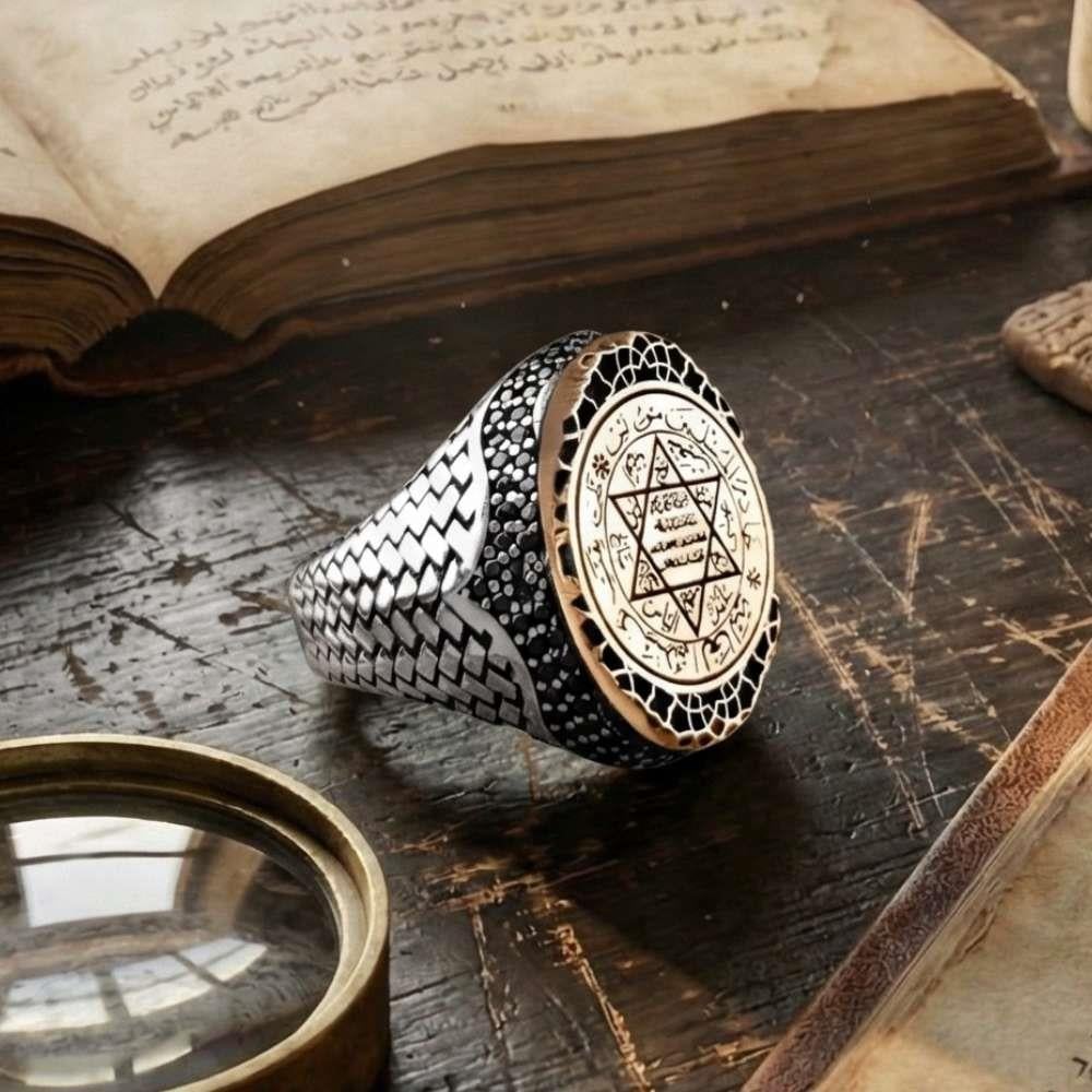 Rooted in centuries of Anatolian symbolism, this Turkish Sterling Silver Ring with Seal of Solomon Motif features the powerful and historic Seal of Solomon intricately engraved across its bold face.