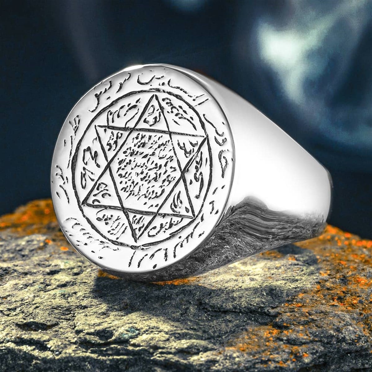 Rooted in centuries of spiritual tradition, this Turkish Sterling Silver Ring with Seal of Solomon features the revered six-pointed star symbol intricately engraved by hand onto a solid silver plate.
