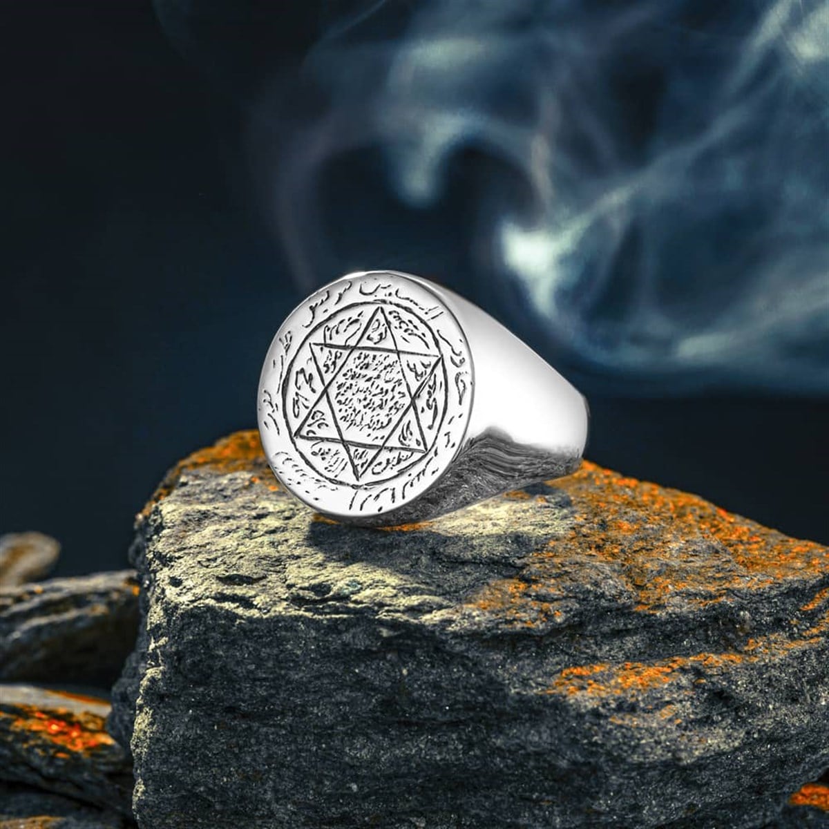Rooted in centuries of spiritual tradition, this Turkish Sterling Silver Ring with Seal of Solomon features the revered six-pointed star symbol intricately engraved by hand onto a solid silver plate.