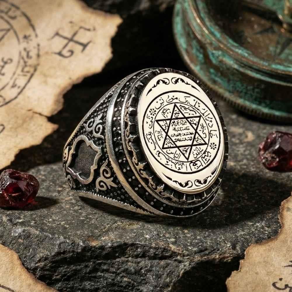 Turkish Sterling Silver Ring with Zircon Suleiman Seal is a powerful statement piece inspired by centuries of Islamic and Ottoman tradition.