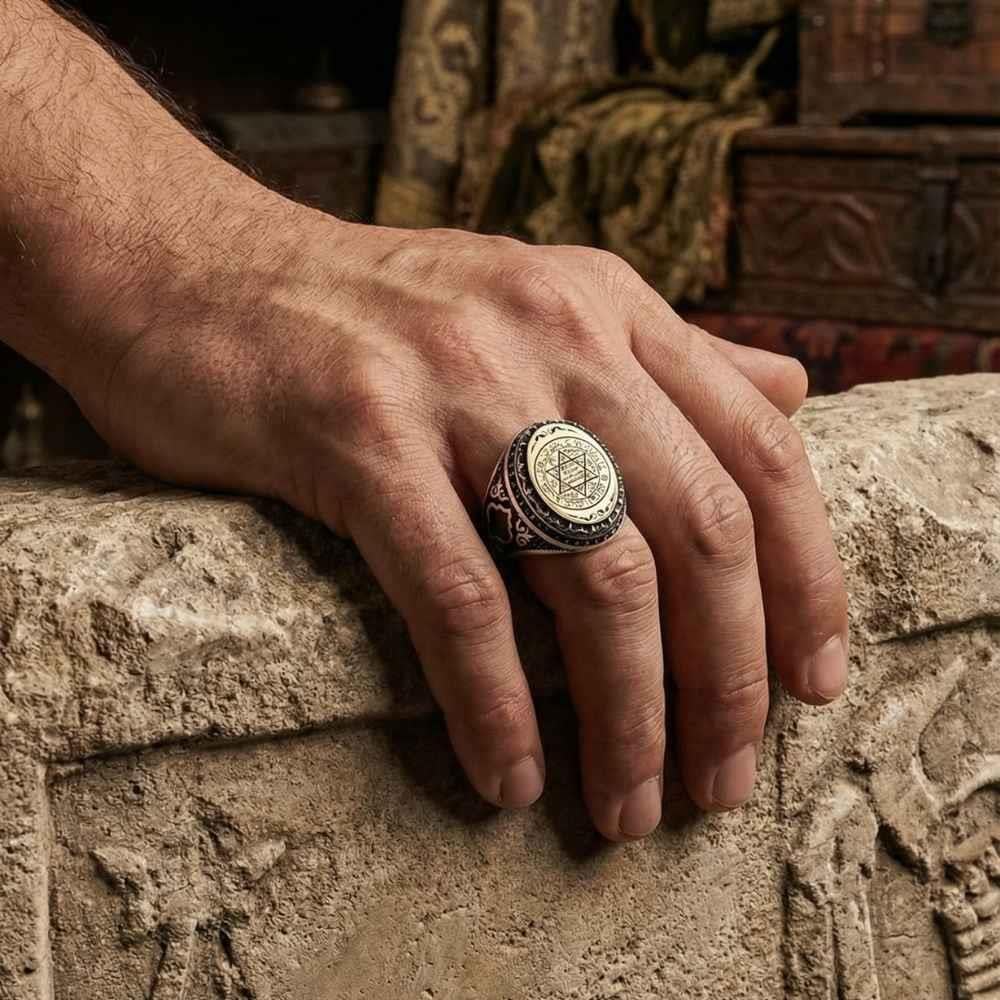 Turkish Sterling Silver Ring with Zircon Suleiman Seal is a powerful statement piece inspired by centuries of Islamic and Ottoman tradition.