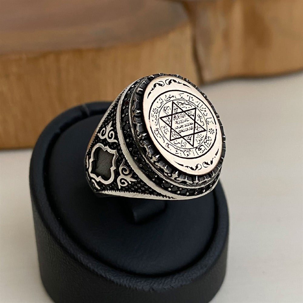 Turkish Sterling Silver Ring with Zircon Suleiman Seal is a powerful statement piece inspired by centuries of Islamic and Ottoman tradition.