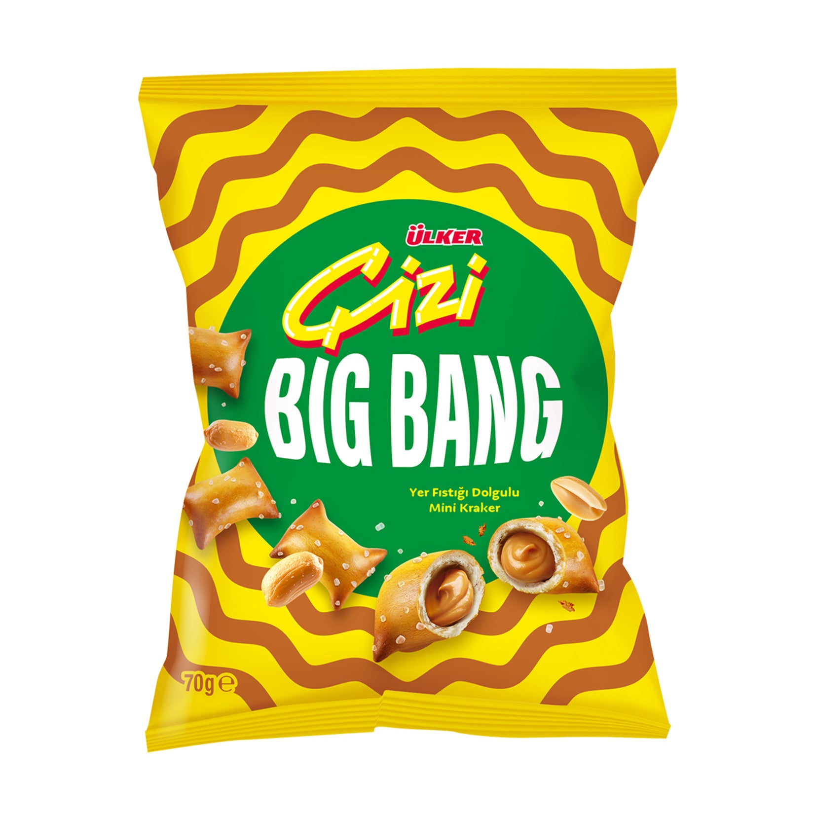 Ulker Cizi Bigbang Peanut Filled Mini Crackers bring together crispy baked cracker shells and a rich peanut filling (23%) for a bold, savory snack experience.