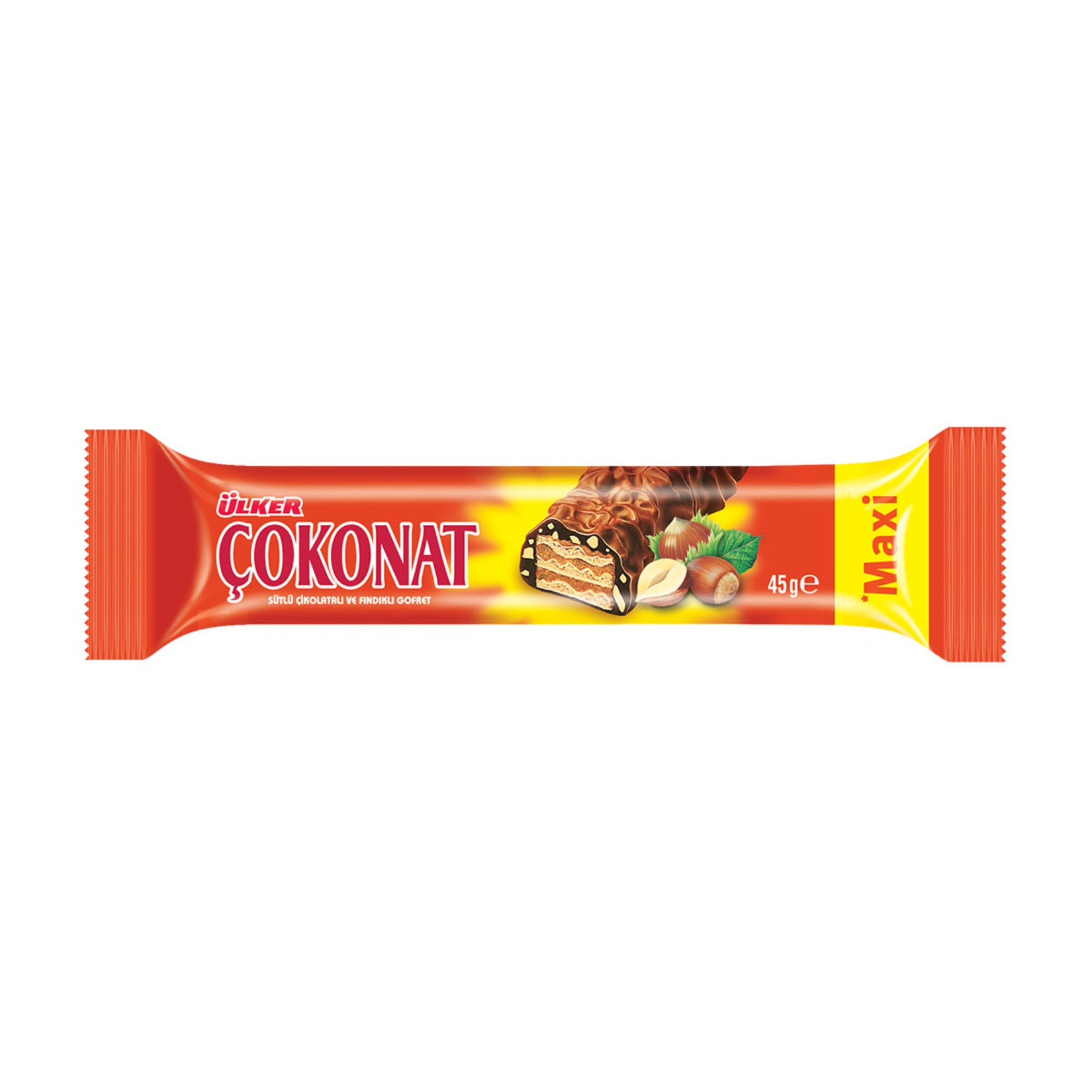 Ulker Cokonat Milk Maxi Wafer is a rich and satisfying Turkish snack that combines crispy wafer layers with a smooth milk chocolate coating and a generous 18% hazelnut content.