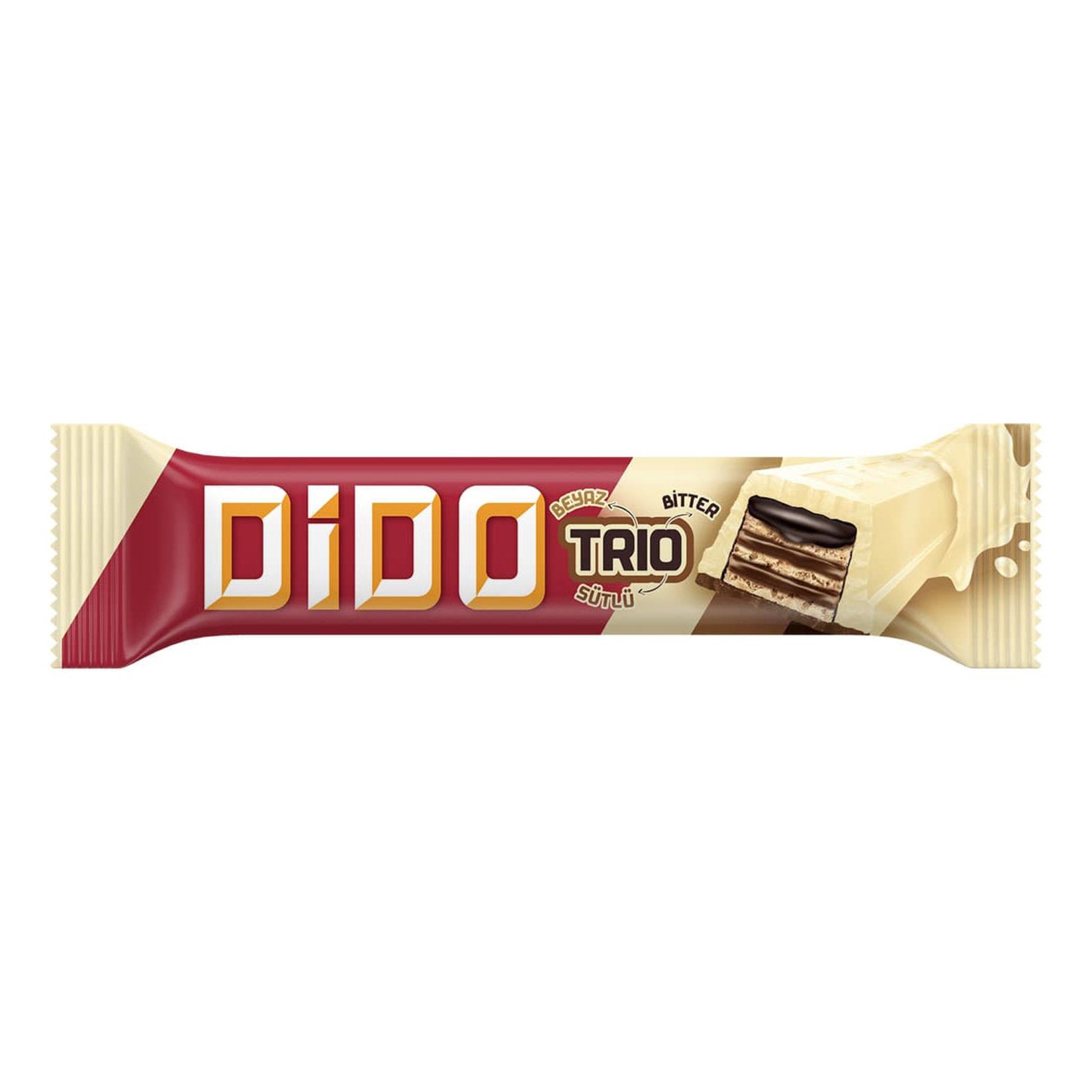 Discover the irresistible layers of Ulker Dido Trio White Milk Dark Chocolate Wafer — a triple chocolate delight from Türkiye.