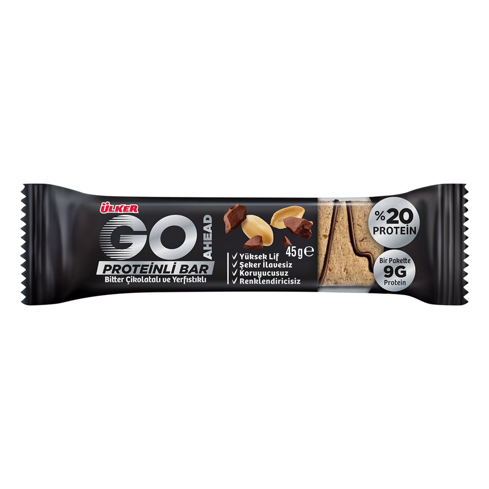 Power up your day with the Ulker Go Ahead Peanut Protein Bar, a delicious and nutritious snack packed with 43% peanuts and a rich blend of natural ingredients.