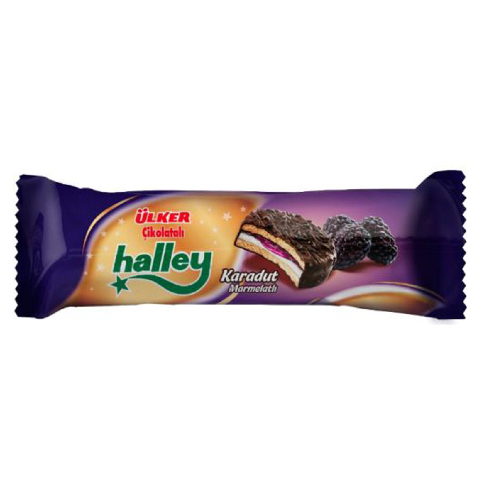 Experience a delicious twist on a classic with Ulker Halley Mini Black Mulberry Sandwich Biscuits. T