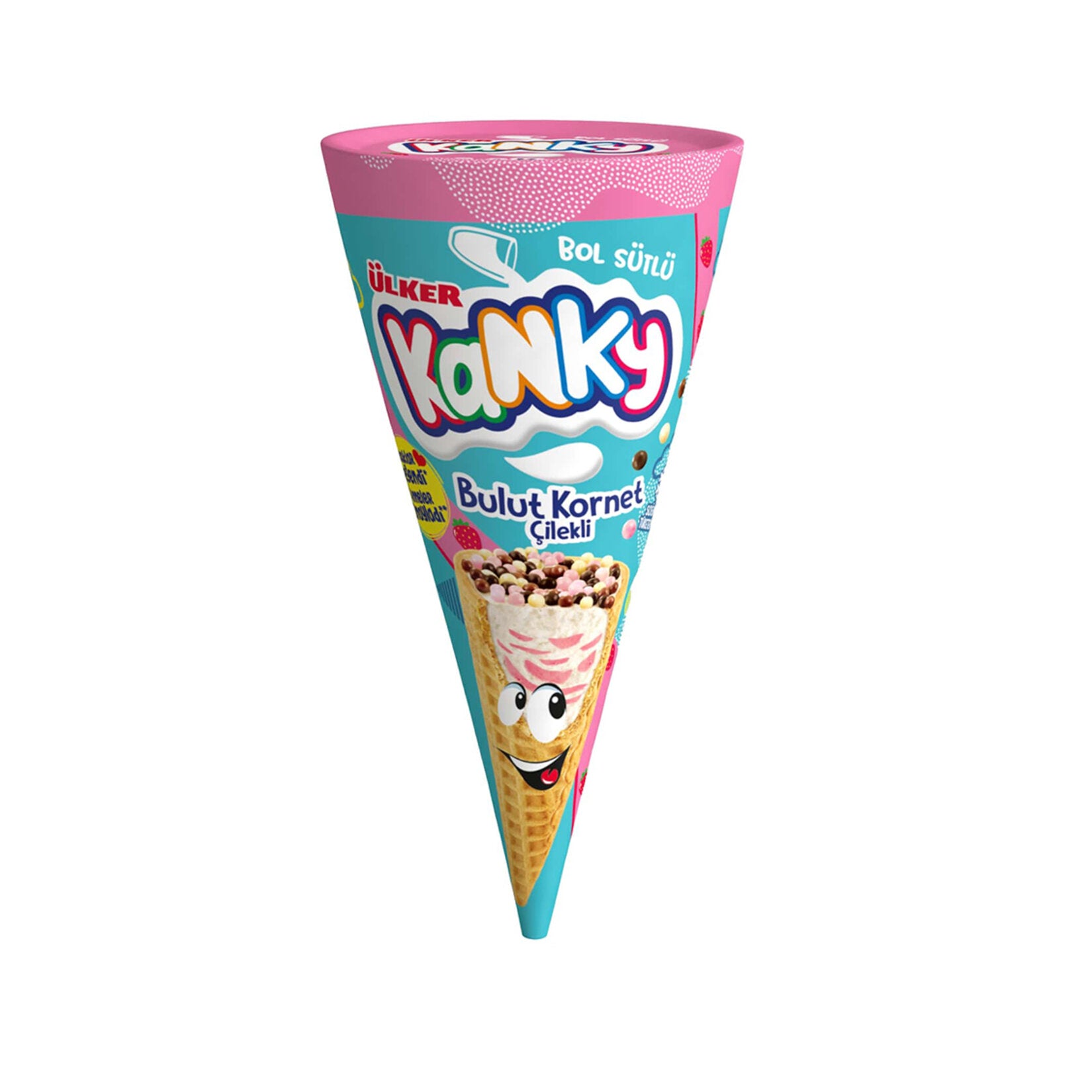 Experience a delightful twist on classic Turkish wafers with the Ulker Kanky Milk & Strawberry Cloud Cone Wafer.