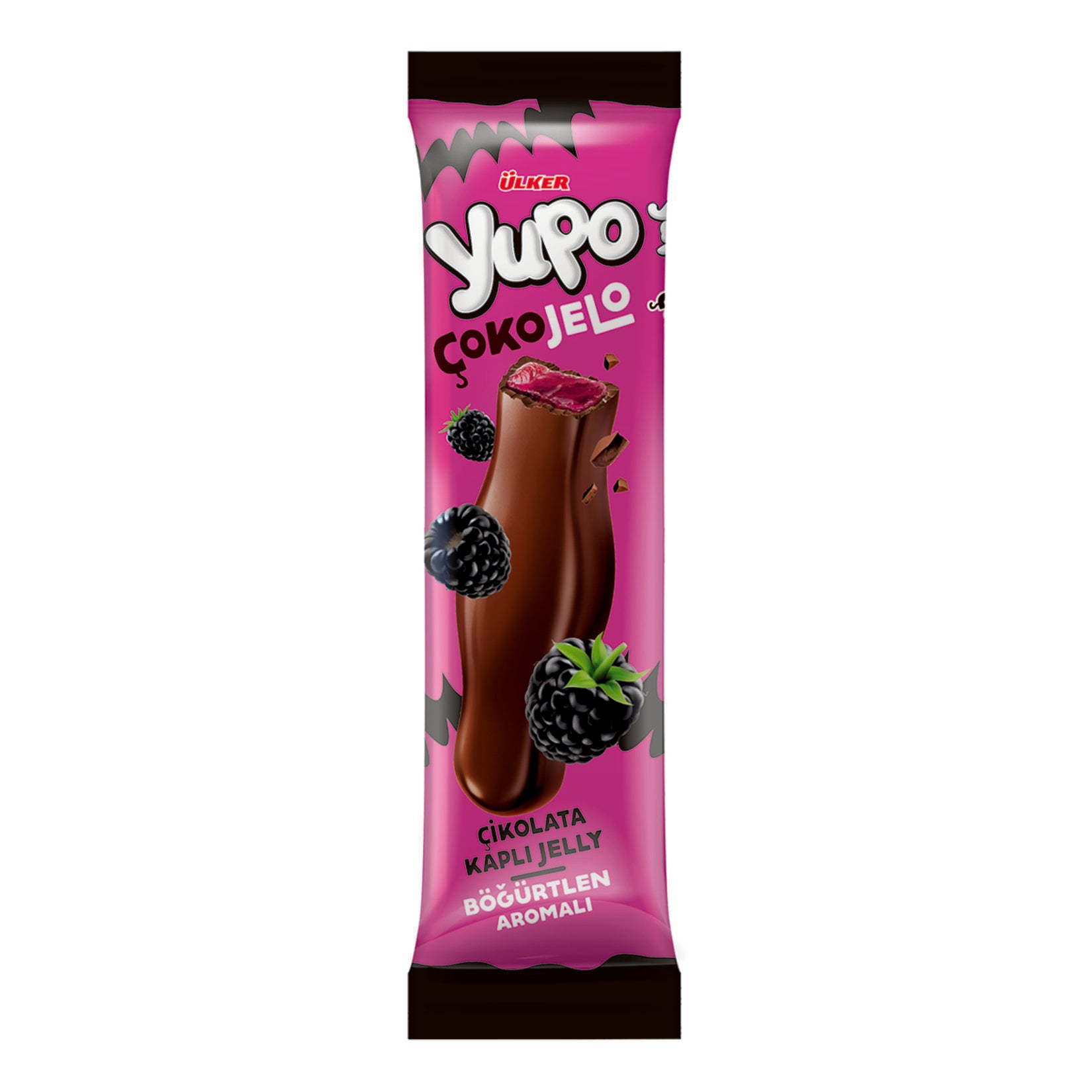Ulker Yupo Cokojelo Blackberry is a delightful fusion of soft gummy candy and rich milk chocolate, offering a unique taste experience for candy lovers.