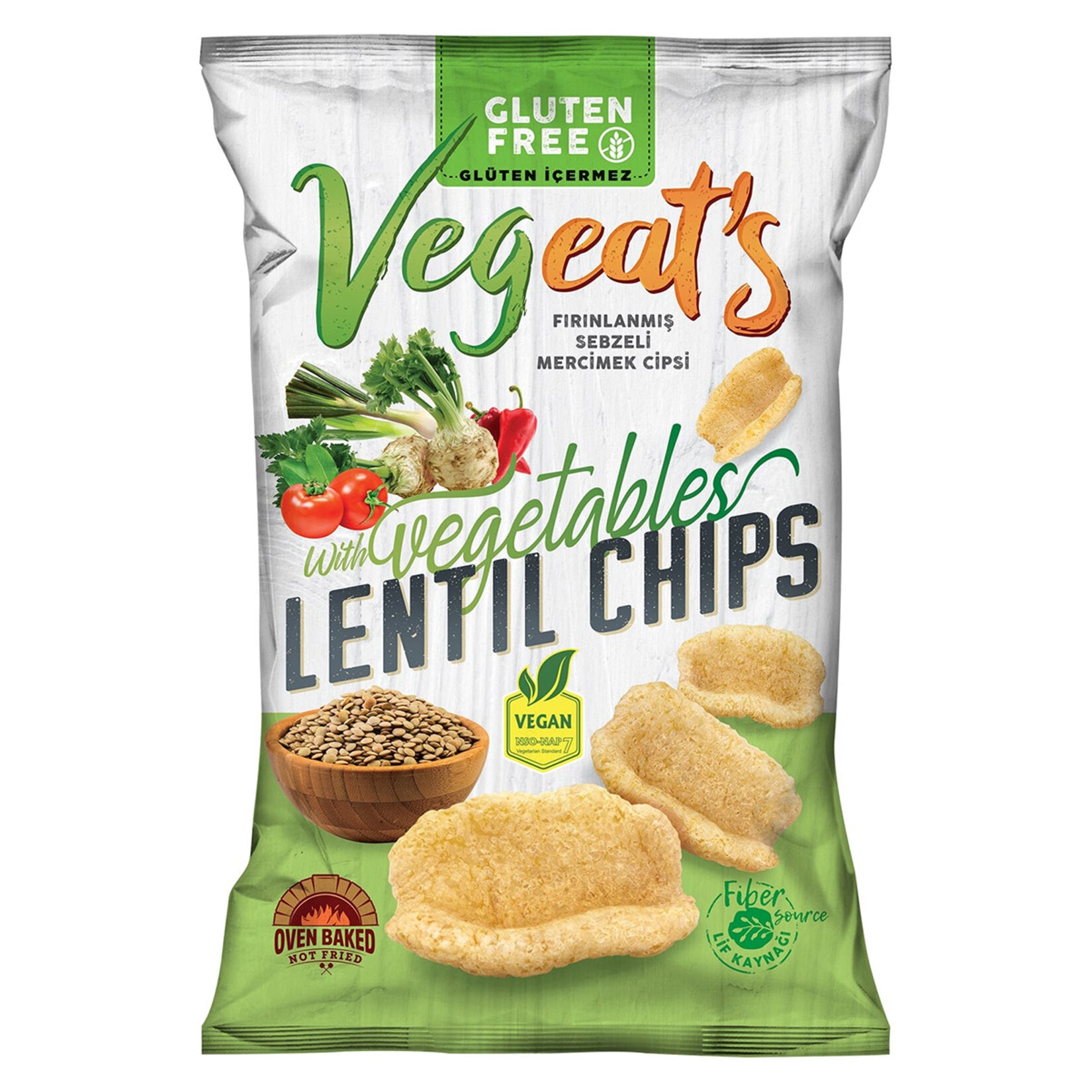 Discover the bold and wholesome crunch of Vegeat's Lentil Chips with Vegetables, a deliciously baked snack made with 37% lentil flour and a savory vegetable seasoning blend.