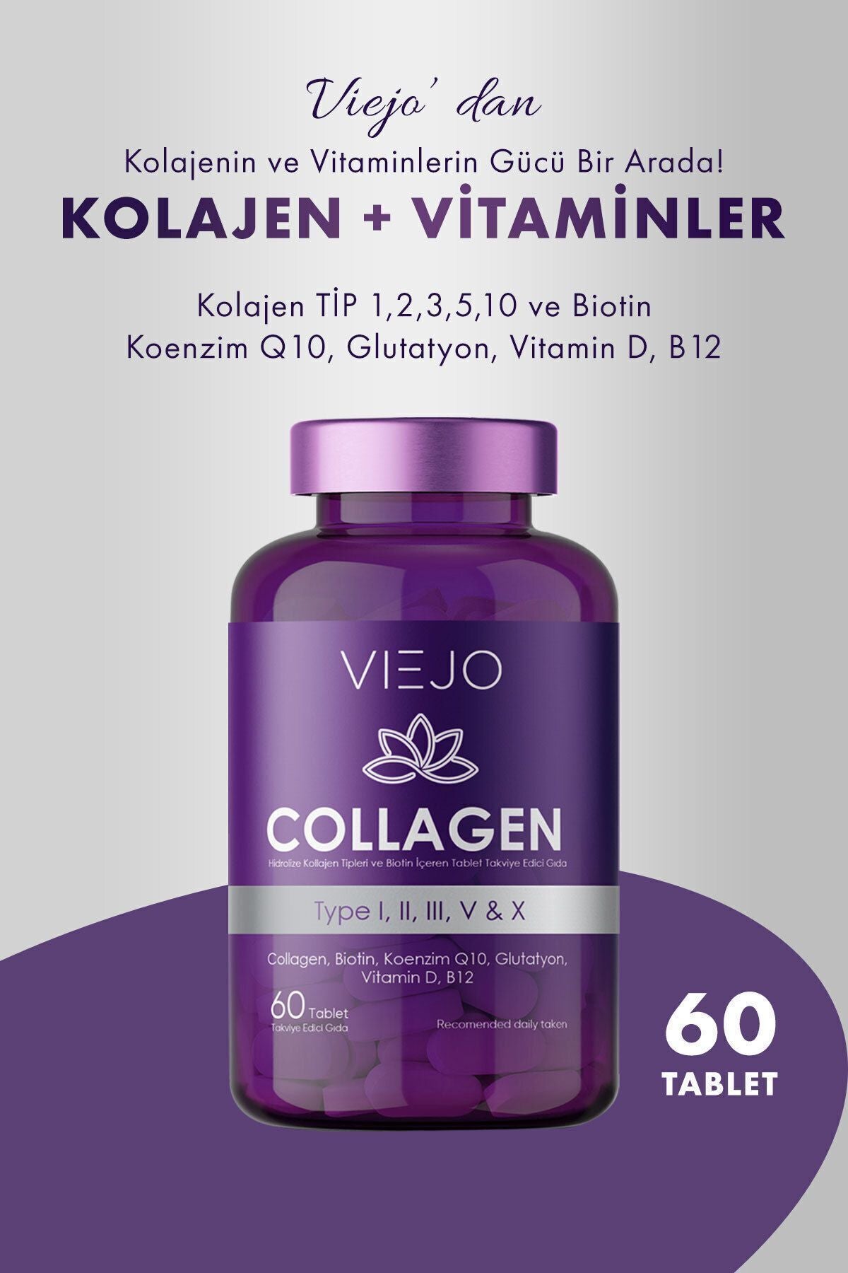 Viejo Collagen Complex Tablets provide a comprehensive blend of Collagen Types I, II, III, V, and X combined with Biotin, Coenzyme Q10 (CoQ10), Glutathione, Vitamin D (Cholecalciferol), and Vitamin B12 (Cobalamin).