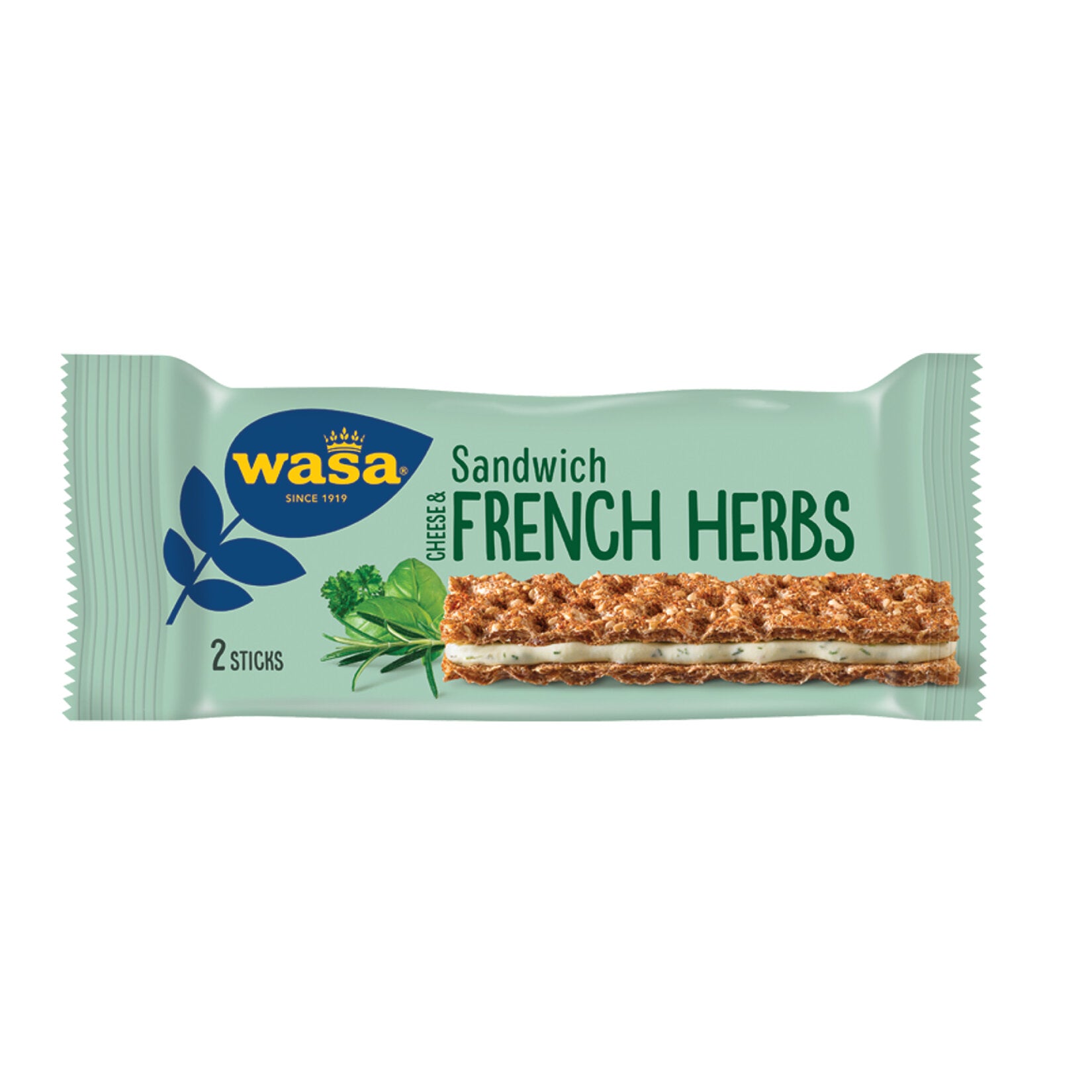 Experience a delightful crunch with the Wasa French Herbs and Cream Cheese Sandwich, a savory snack crafted with whole grain rye flour and a creamy cheese filling infused with aromatic French herbs.