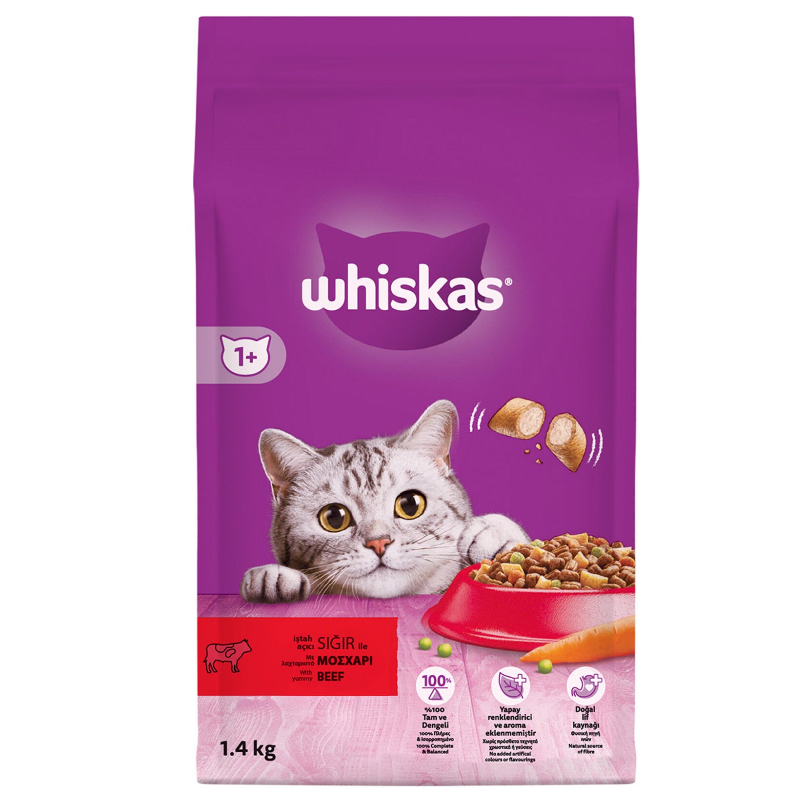 Whiskas Beef Dry Cat Food 1.4 kg is a complete and balanced dry food formulated for adult cats.