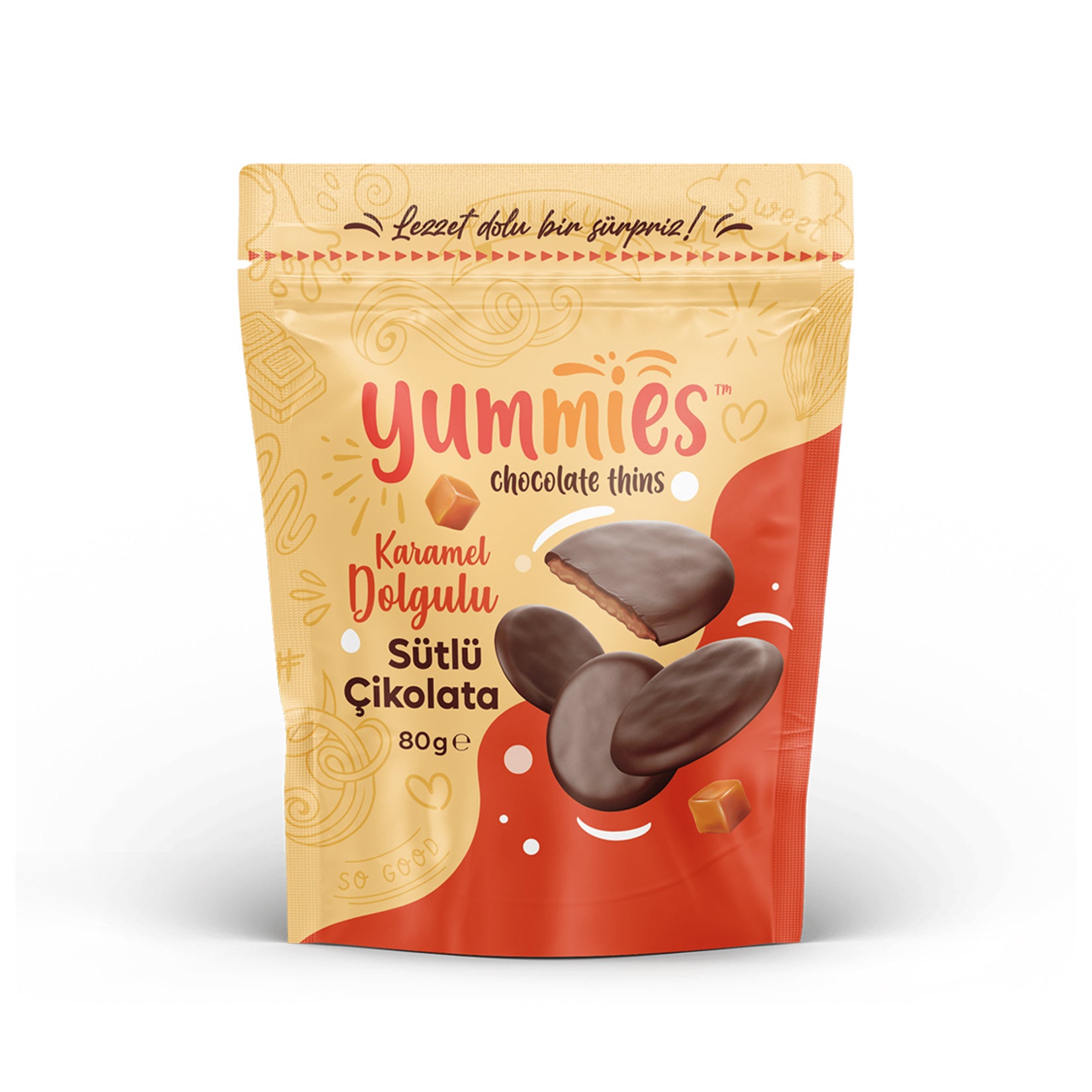 Yummies Caramel Filled 20% Milk Chocolate Button is a delightful treat crafted with rich milk chocolate and a luscious caramel center.