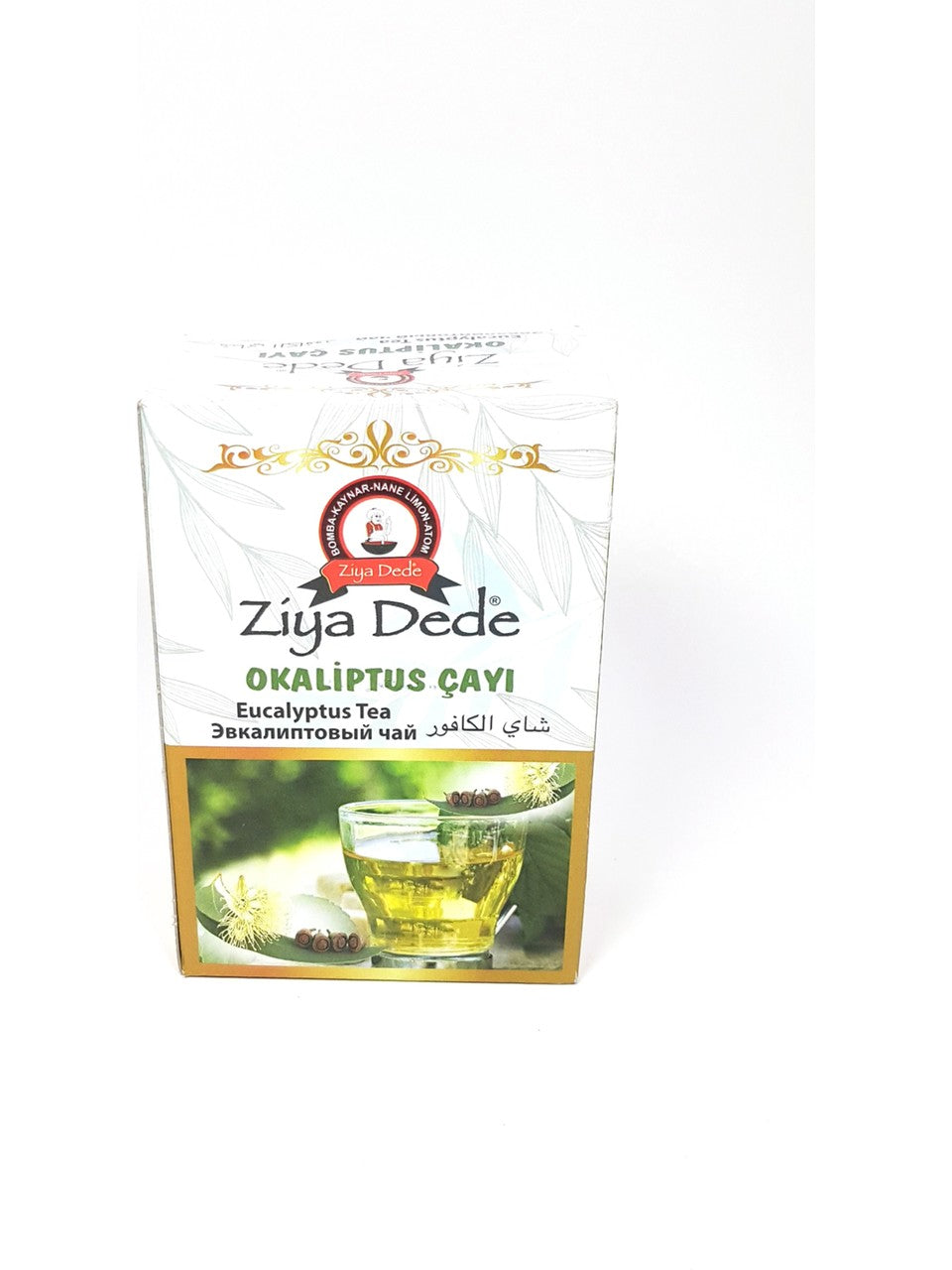 A box of Ziya Dede Eucalyptus Tea (Okaliptus İyi) on a plain white background. The packaging is primarily white with gold accents, featuring the brand logo and a picture of a glass of green tea.