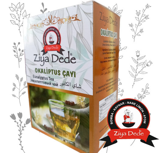 A box of Ziya Dede Okaliptus Çayı (Eucalyptus Tea) shown at a three-quarter angle on a white background decorated with light gray botanical line drawings. A circular brand badge is visible in the bottom right corner.