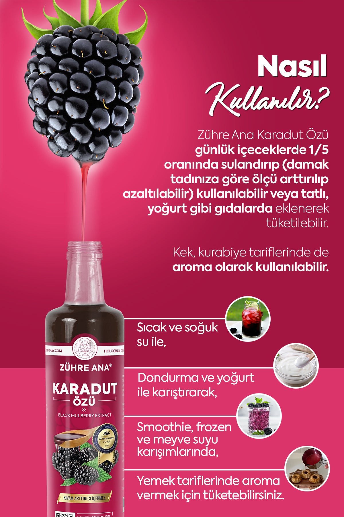 Zühre Ana Karadut Özü is made from carefully selected black mulberries, offering a rich, naturally sweet and slightly tangy flavor.