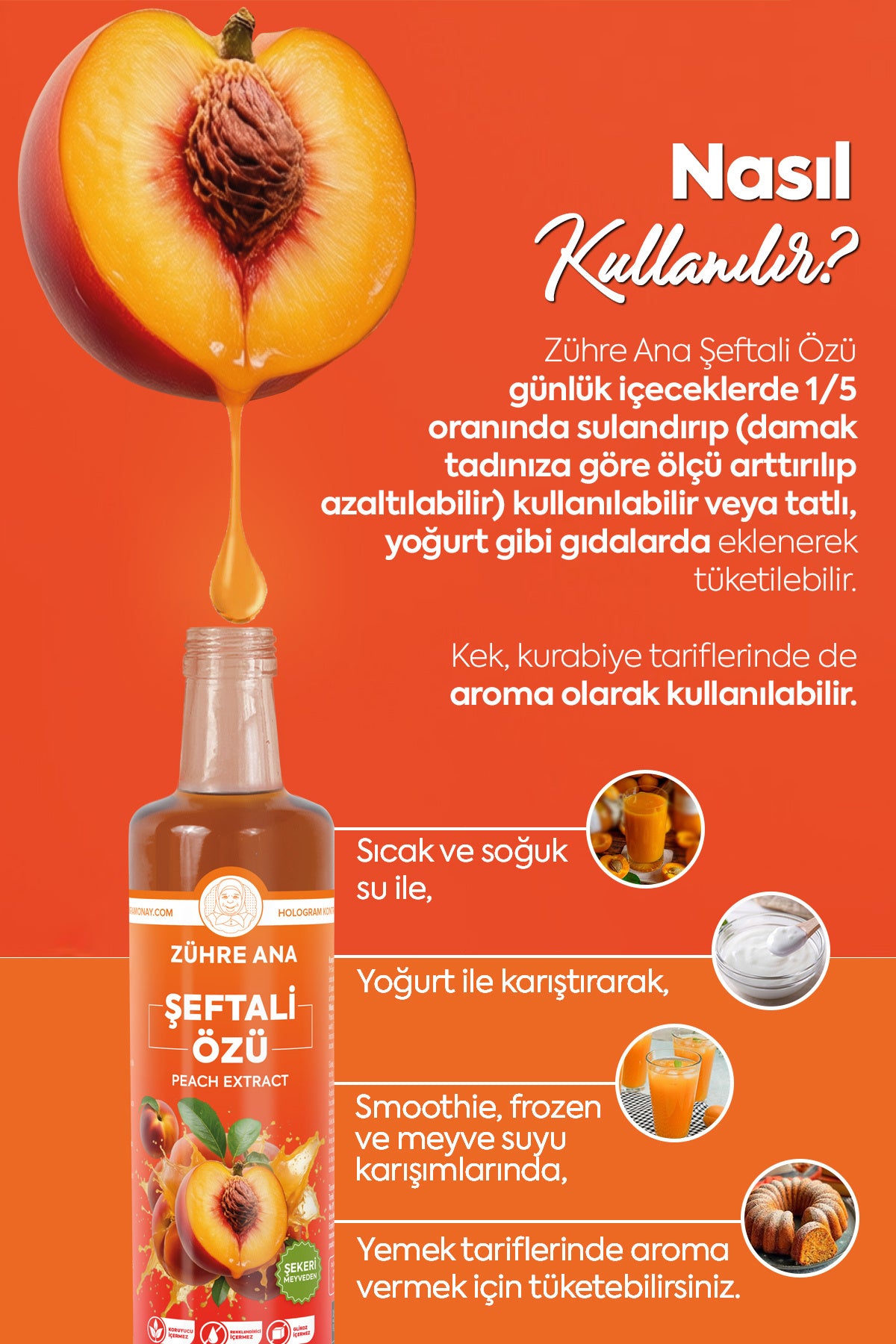 Zühre Ana Peach Concentrate is made from 100% pure peach extract, offering the rich aroma and naturally sweet taste of sun-ripened peaches from Türkiye.