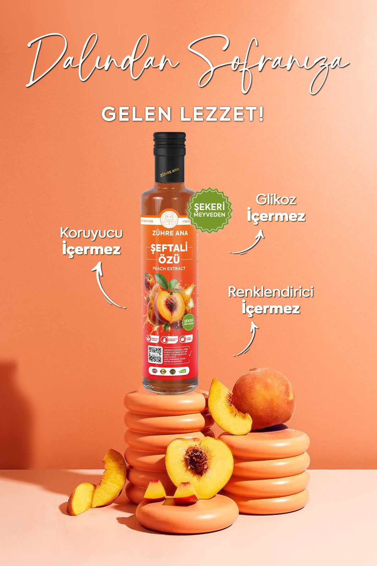 Zühre Ana Peach Concentrate is made from 100% pure peach extract, offering the rich aroma and naturally sweet taste of sun-ripened peaches from Türkiye.