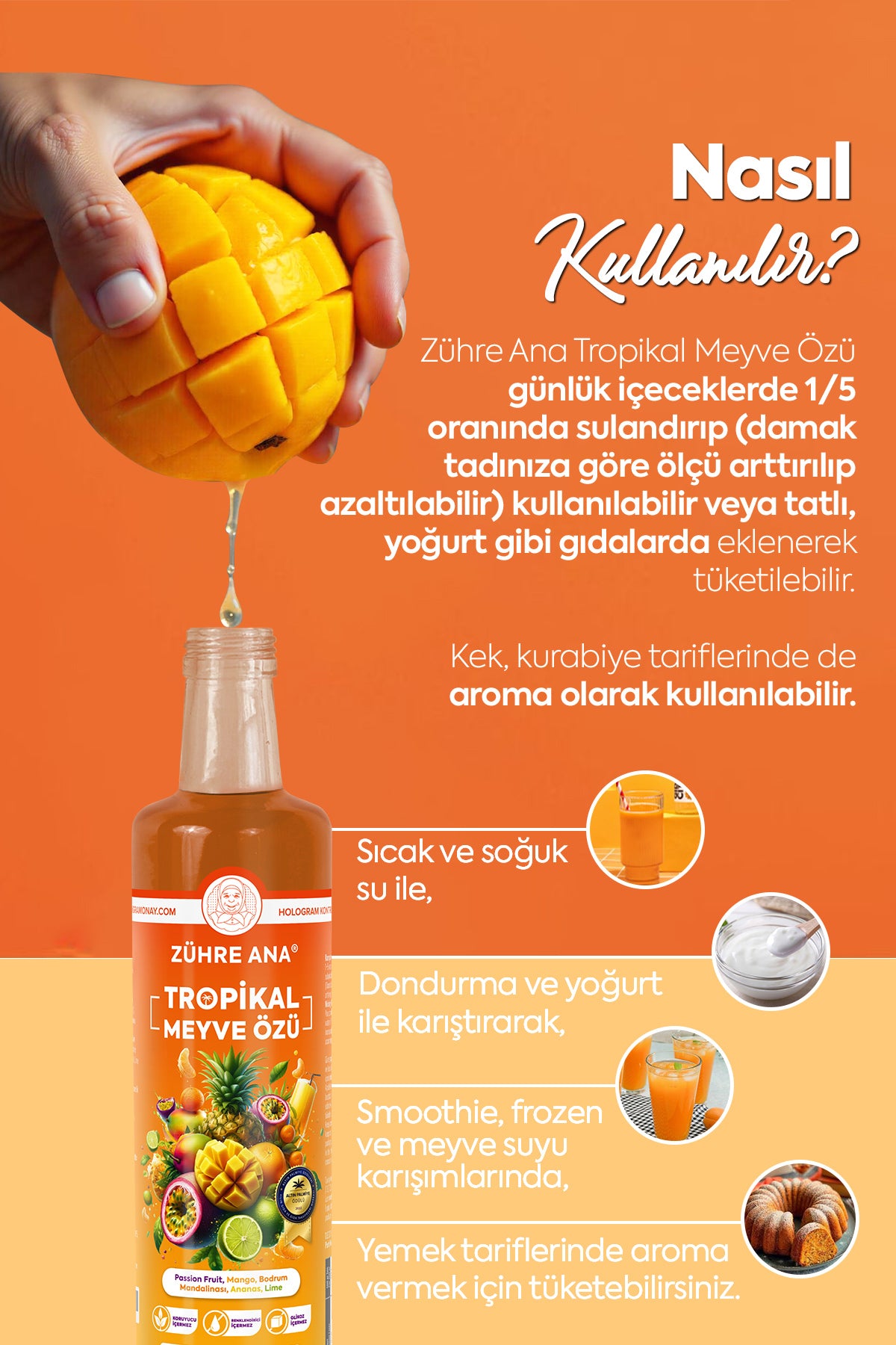 Zühre Ana Tropical Fruit Extract brings together the vibrant taste of passion fruit, mango, Bodrum mandarin, pineapple, and lime in one naturally flavorful blend.