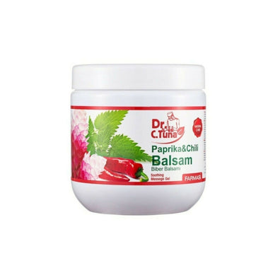 A white plastic jar with a label showing the brand 'Farmasi' and the product name 'Paprika Chili Balsam' with images of red chili peppers and leaves.