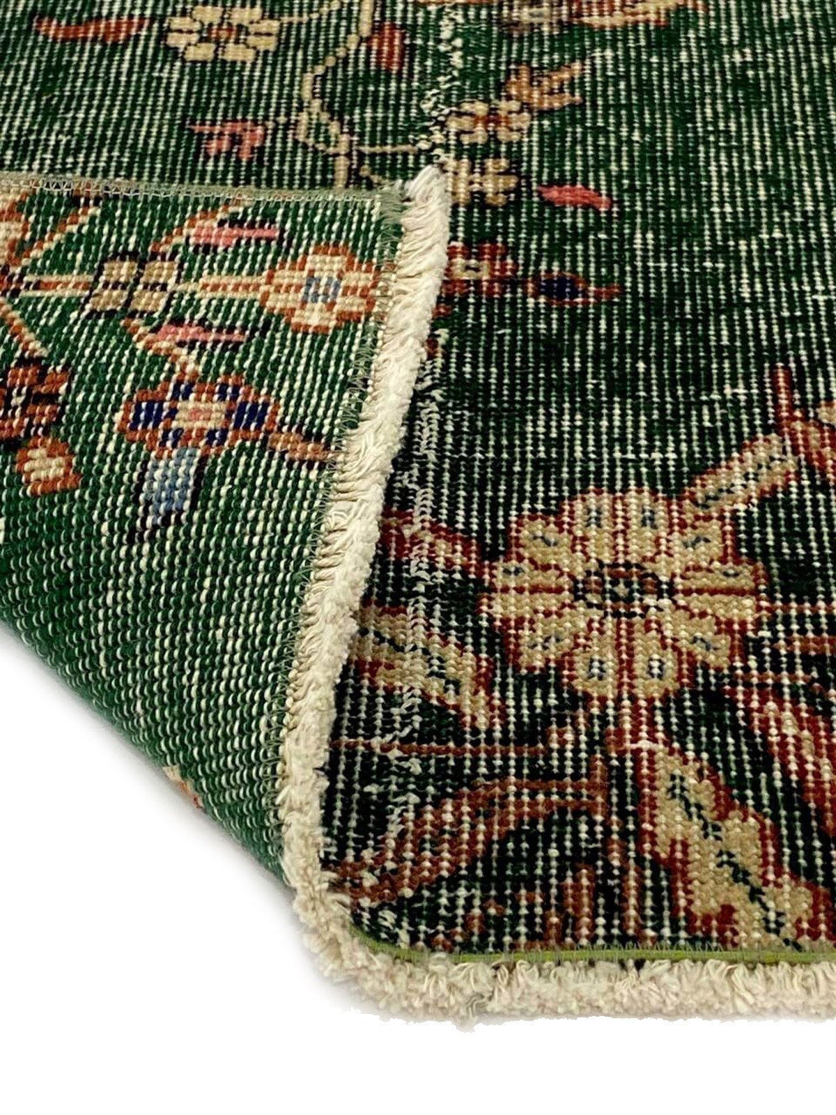 Green Floral Pattern Hand Woven Vintage Rug